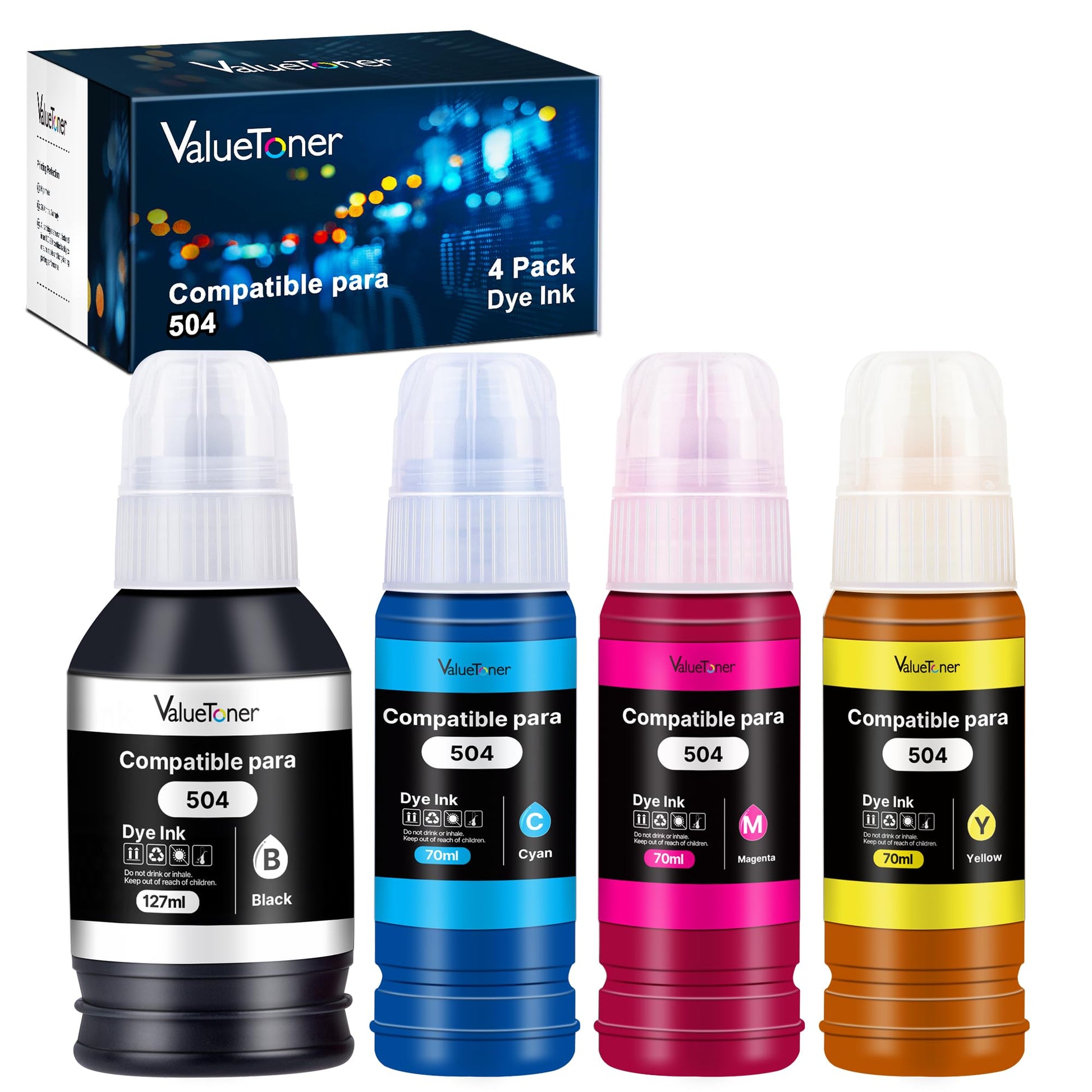 Botella de Tinta Valuetoner Compatible Epson 504 para Impresoras Ecotank (4 Unidades)