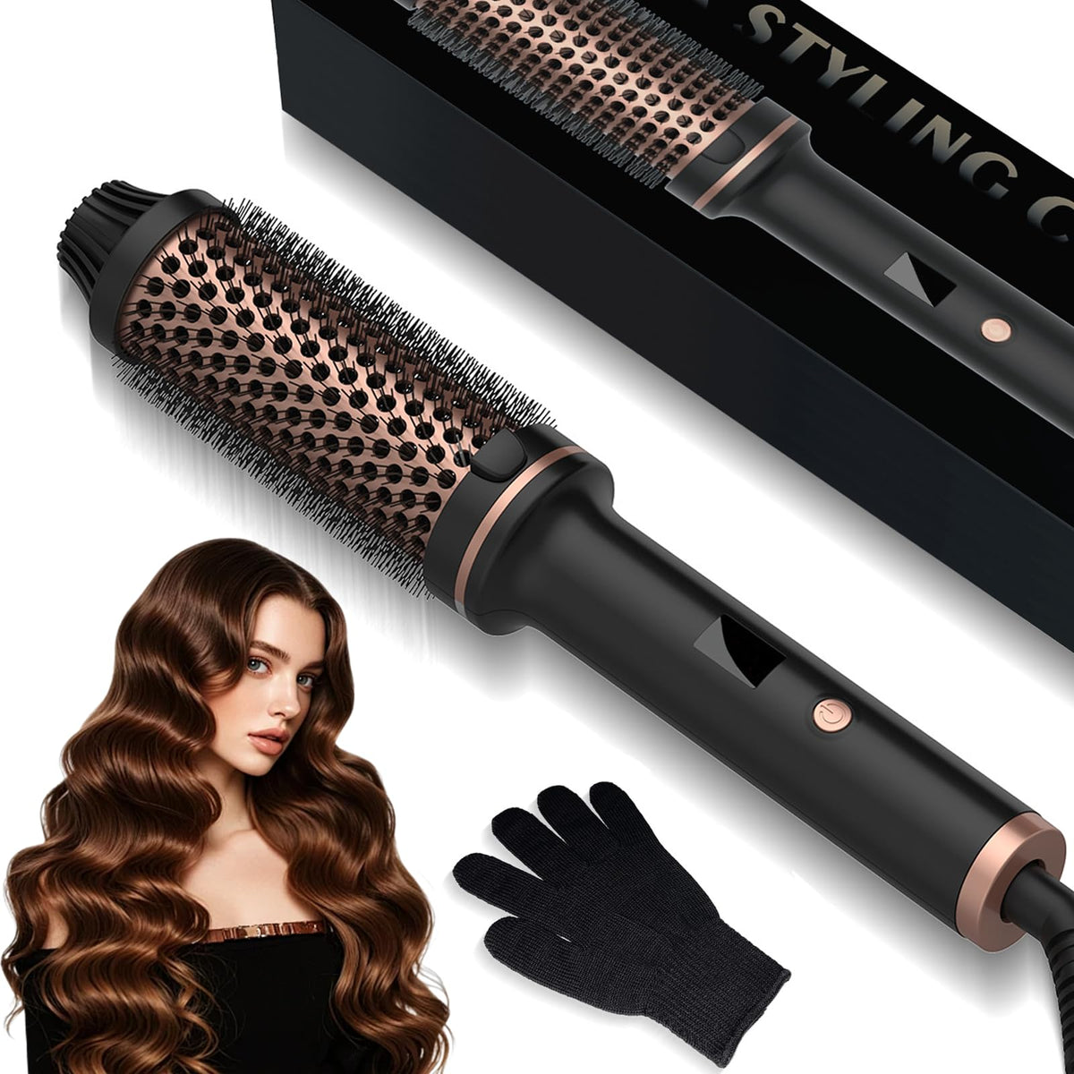 Cepillo de Aire Caliente Eléctrico Anti-Frizz de Iones Negativos para Cabello Rizado y Liso con Guantes Anti-Escaldaduras