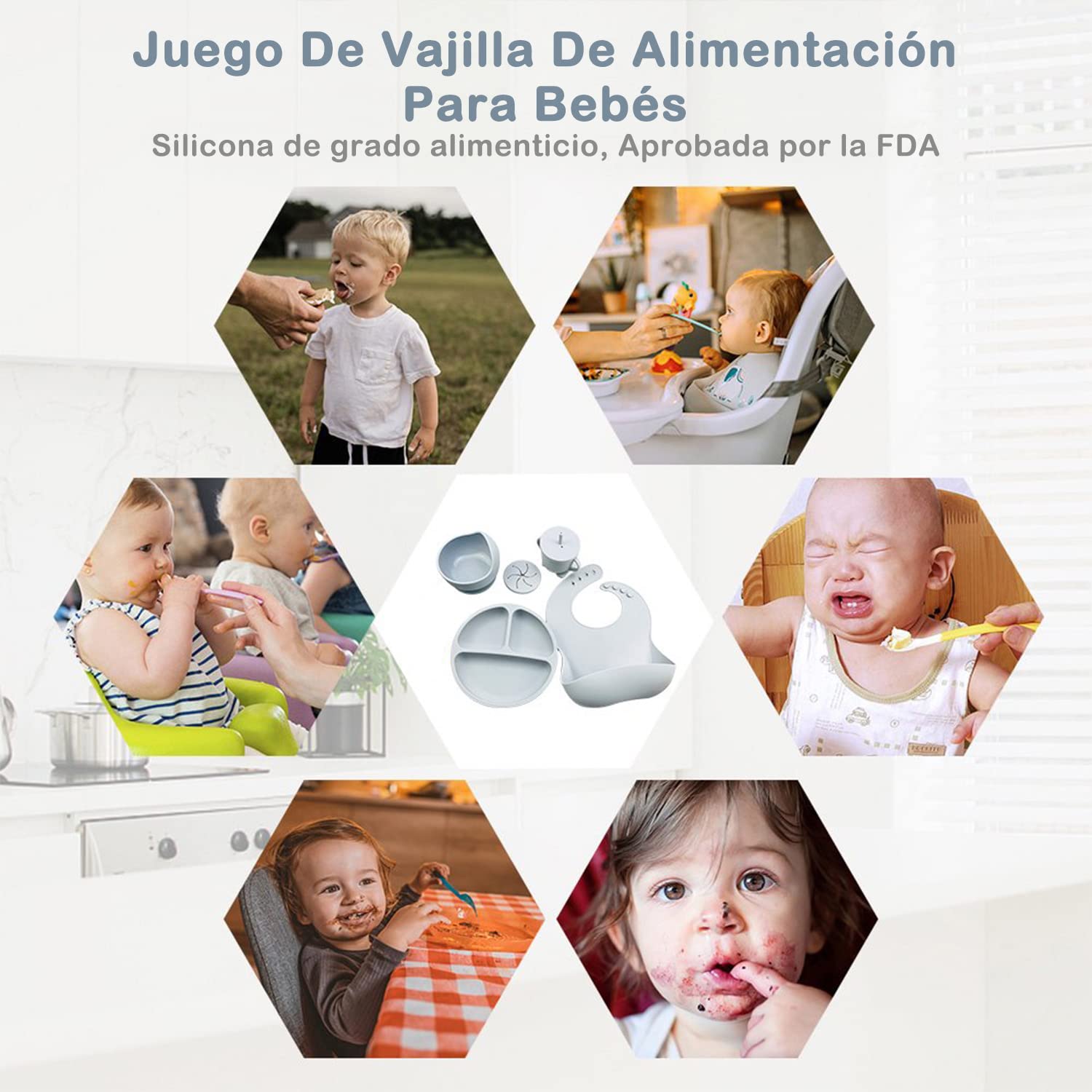 ALIYU Platos para Bebe Silicon 8PCS, Kit Alimentación Complementaria Bebe, Plato para bebe con ventosa, Baberos de silicona para bebe, Sin BPA, Fácil de limpiar, Vajilla bebe silicona (Gris)