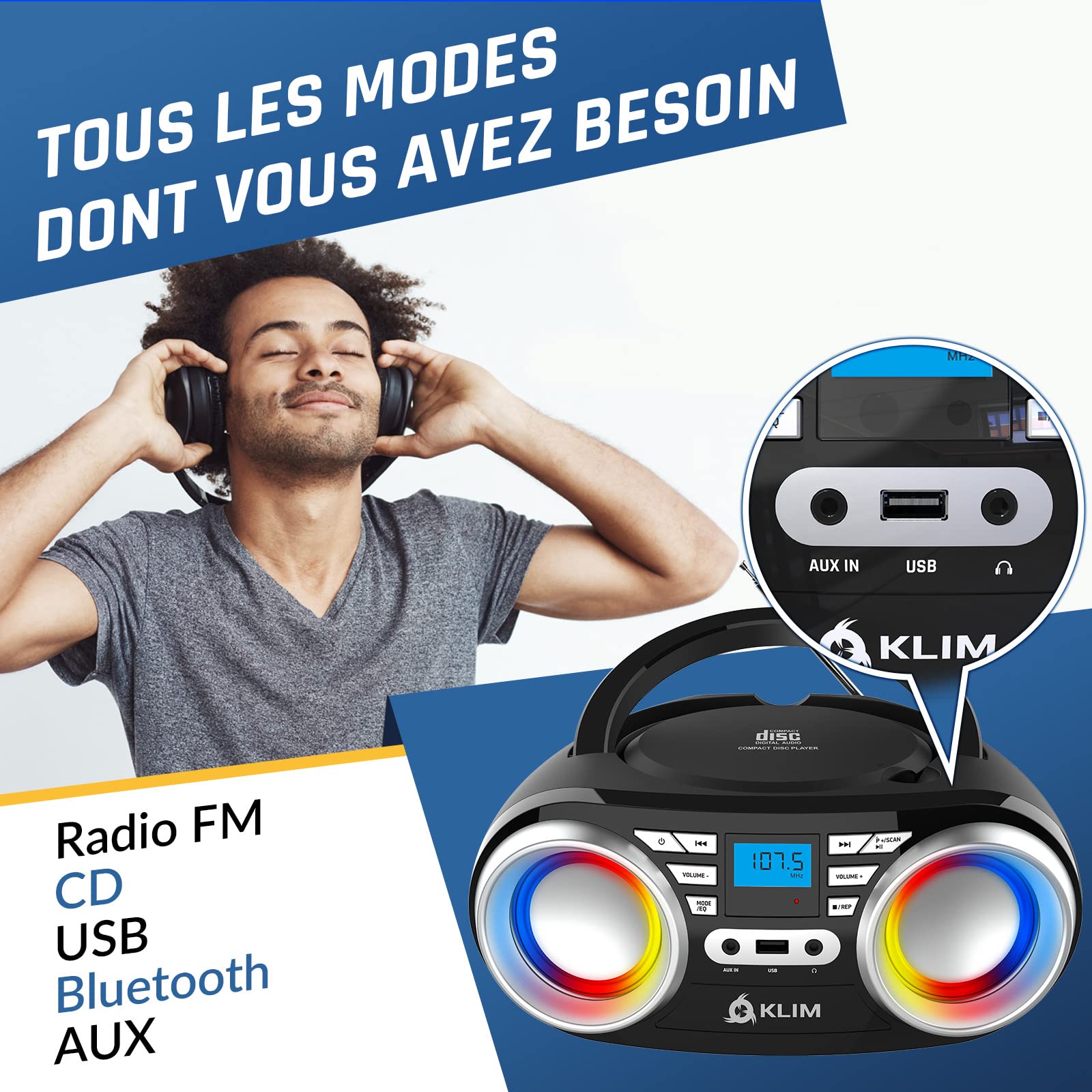 KLIM Boombox B3 - Reproductor de CD portátil con Radio FM y batería Recargable | Luces RGB | Bluetooth, MP3, AUX, Radio FM, CD, USB | Radio CD portátil con ecualización Digital | Nuevo