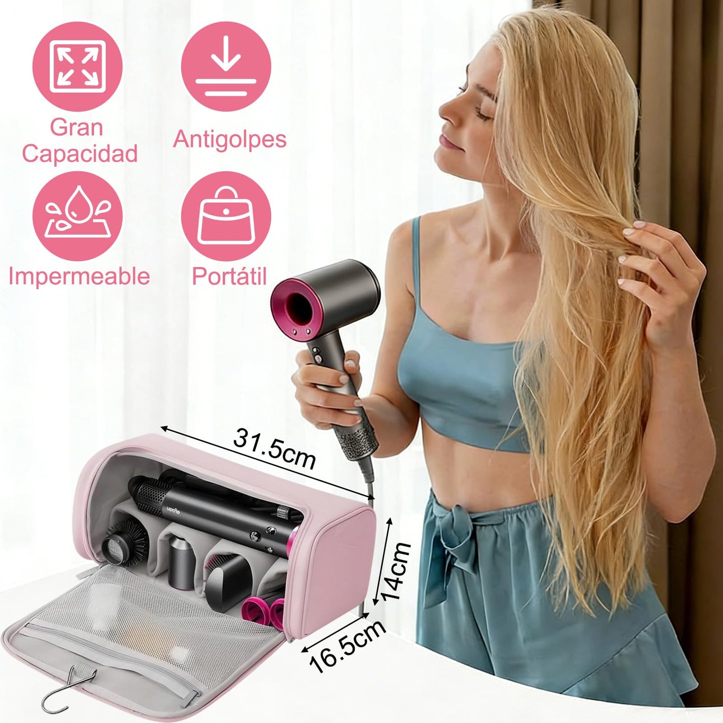 Estuche de Viaje Colgable Compatible con Shark FlexStyle y Dyson Airwrap, Bolsa Organizadora Impermeable de Gran Capacidad para Accesorios (Rosa)