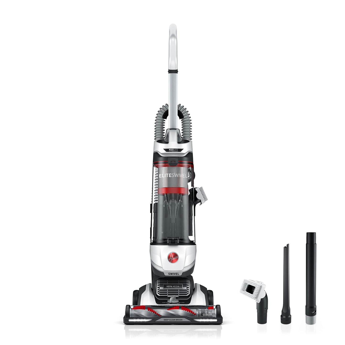 Hoover MaxLife Elite - Aspiradora giratoria con filtración de Medios HEPA, sin Bolsa, multisuperficie Vertical para alfombras y Suelos Duros, UH75100, Color Blanco