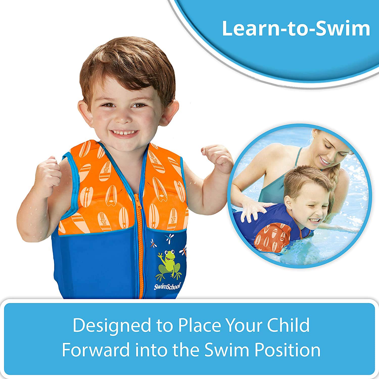 Chaleco de Natación SwimSchool Azul Naranja con Hombros Acolchados para Niños