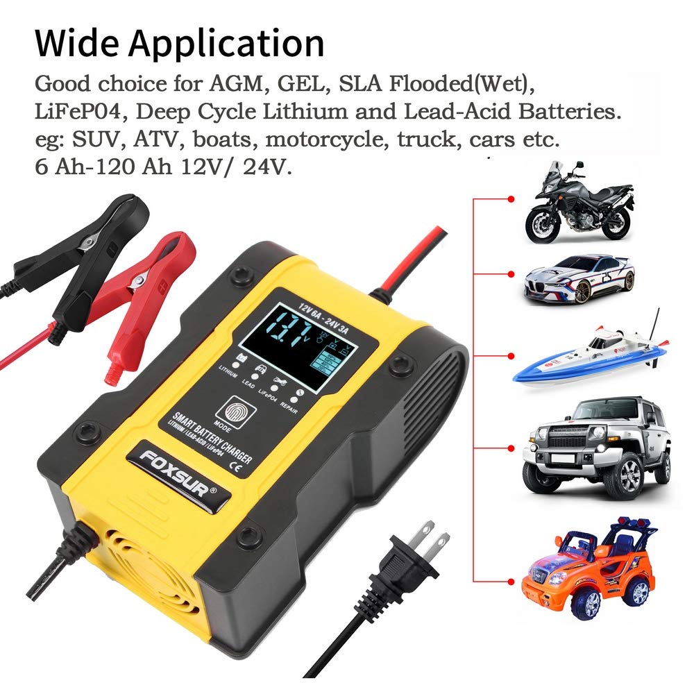 IEIK Cargador de batería de 12 V/6 A para coche, camión, motocicleta, cortacésped, barco, ATV, litio/LiFePO4/plomo/ácido/ciclo profundo
