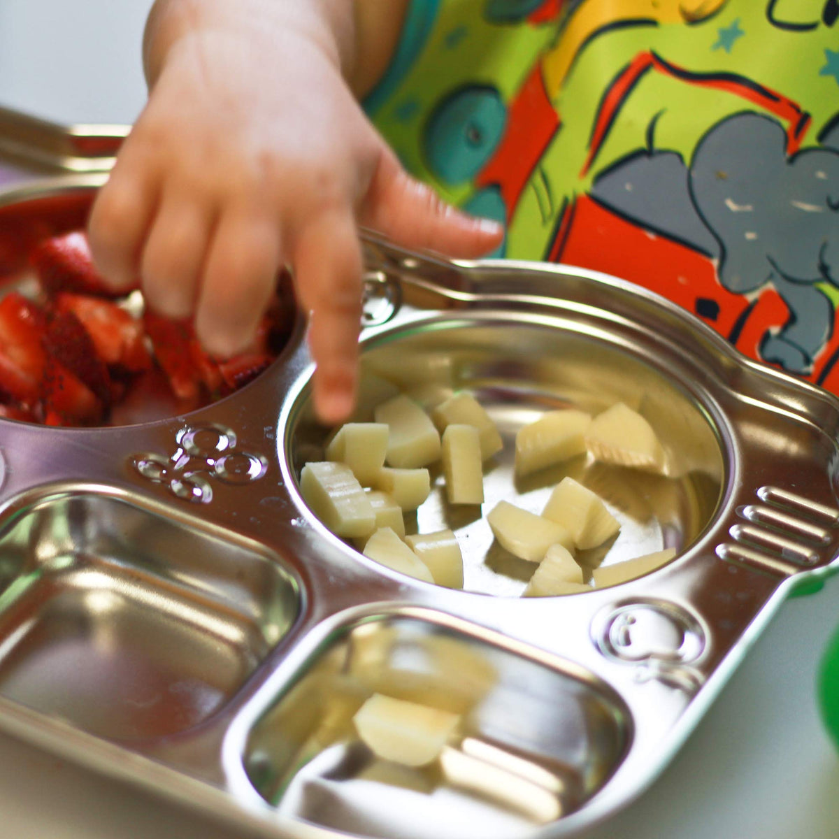 Innobaby - Plato de autobús de acero inoxidable con tapa seccional, original y resistente a fugas, solución de comida para bebés, niños pequeños y niños, placa última intervensión de BPA, naranja