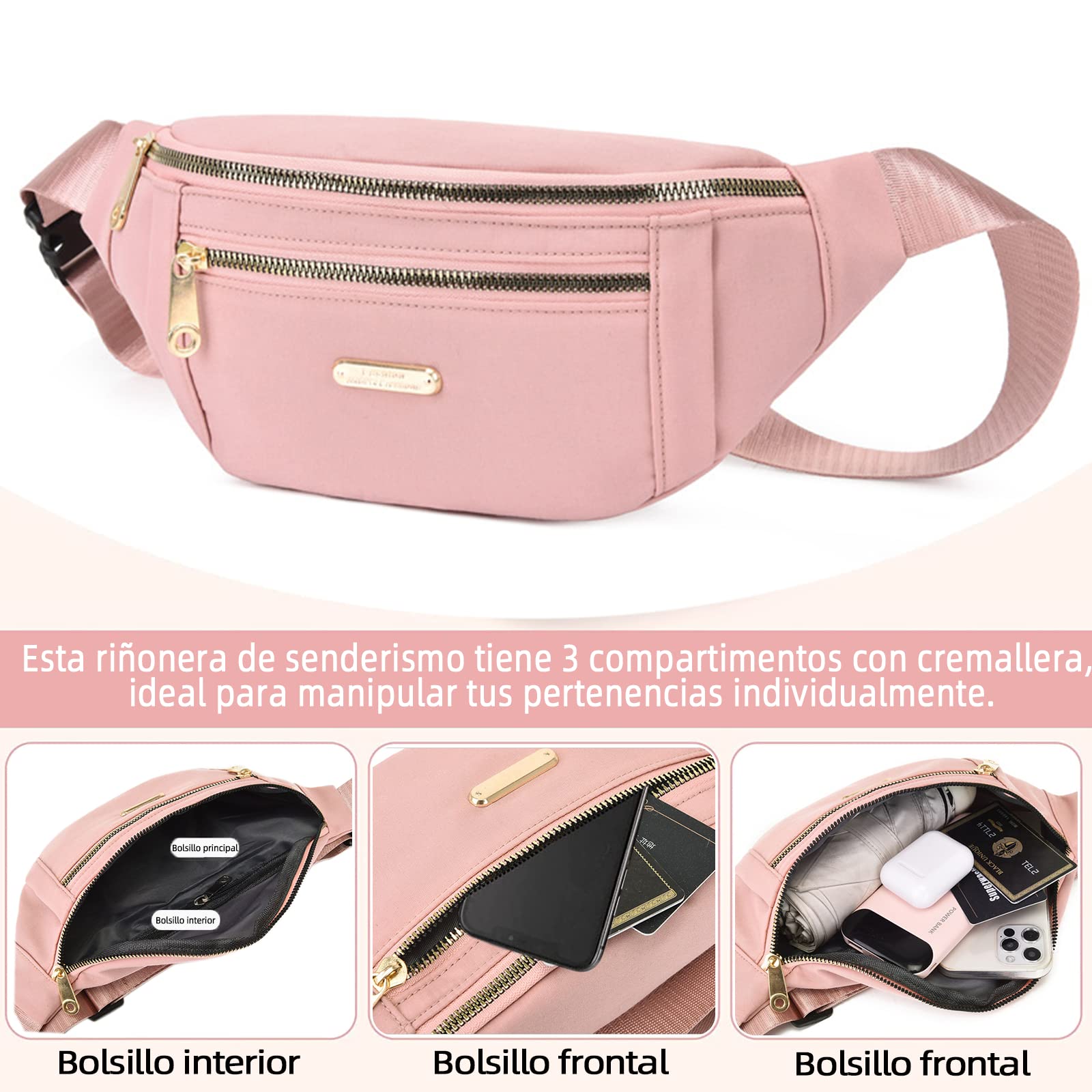 Cangurera Deportiva PKDEF Negra Impermeable de 2 Unidades para Mujer
