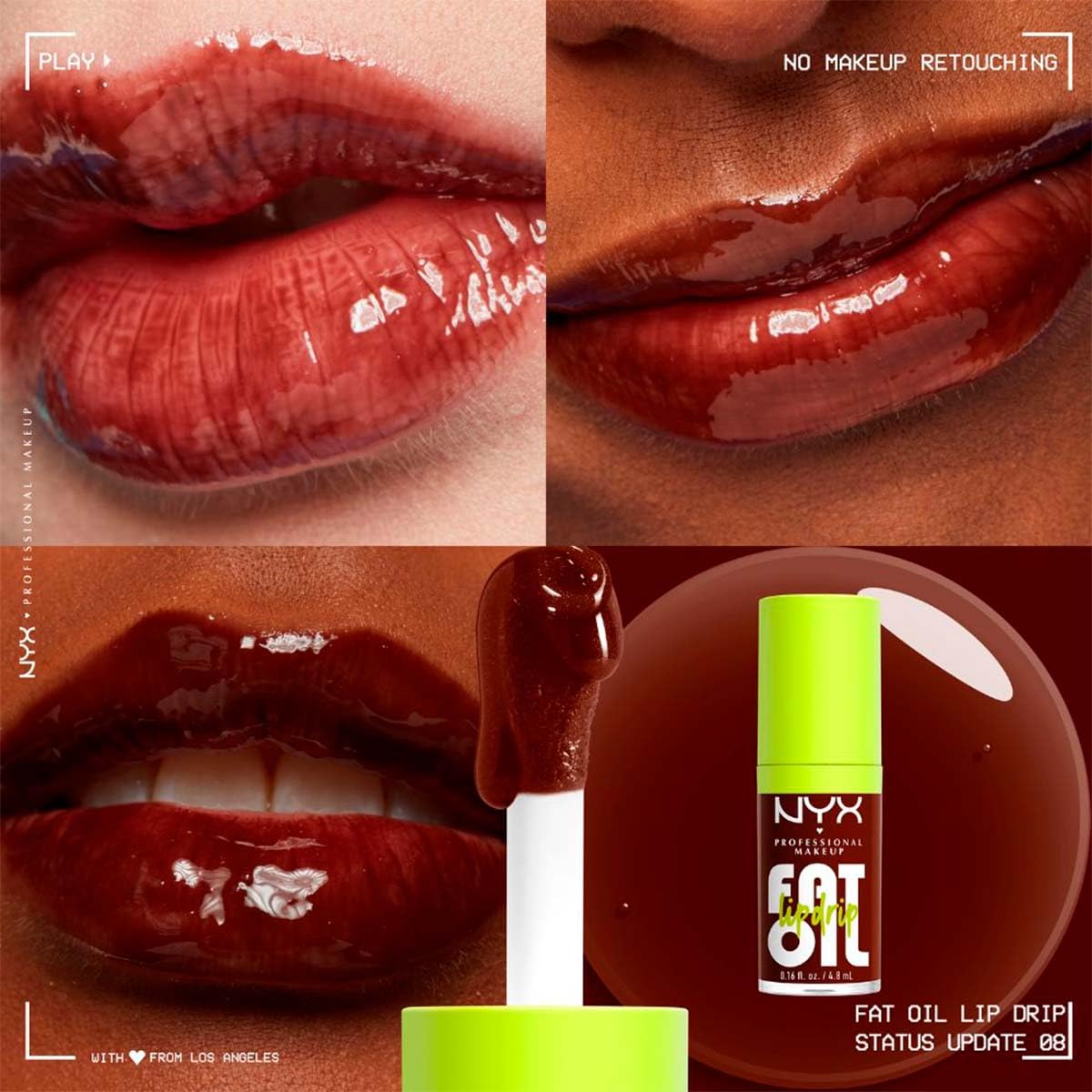 NYX Professional Makeup, Fat Oil Lip Drip Gloss, 4.8ml. Tono: Status Update. Brillo labial hidratante con efecto jugoso hasta por 12 horas. Infusionado con aceite de aguacate, mora y frambuesa para una sensación no pegajosa. Fórmula vegana.