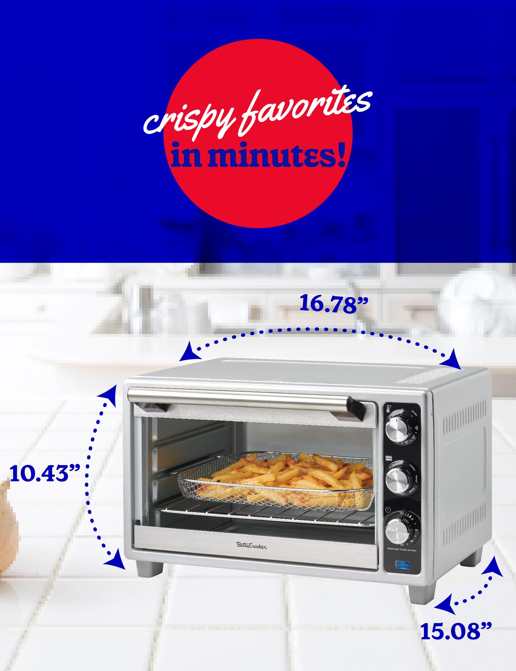Betty Crocker - Horno tostador de convección, tostador multifunción de 6 rebanadas y horno freidora de aire, 0.8 Cu. Horno tostador Airfryer de capacidad de 6 pies, horno de convección de 7 funciones,