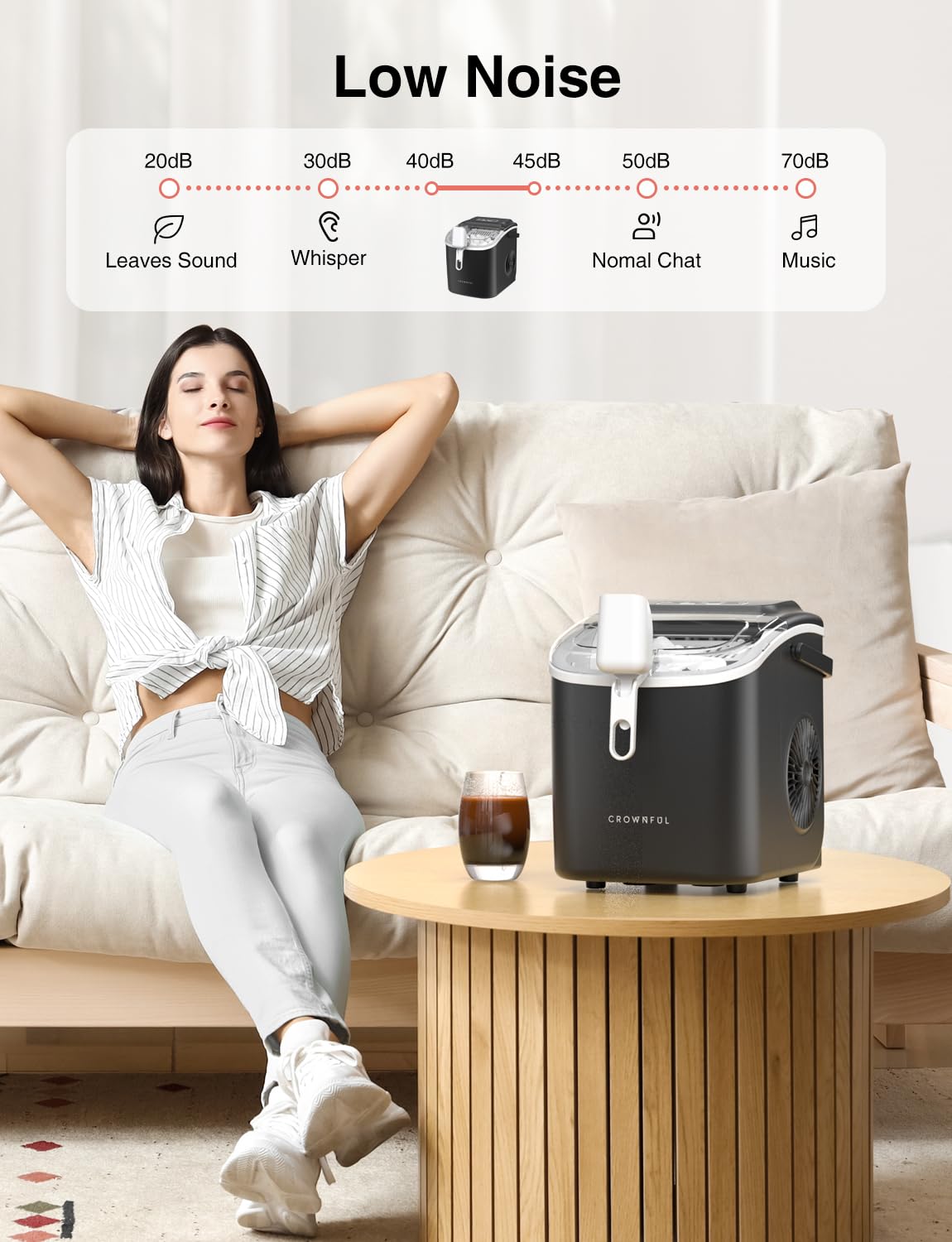 CROWNFUL - Encimera para máquina de hielo con asa, máquina de hielo autolimpiable con cuchara y cesta, 26 libras/24 horas, 9 cubos en 6 minutos, pequeña máquina de hielo portátil con cuchara y cesta