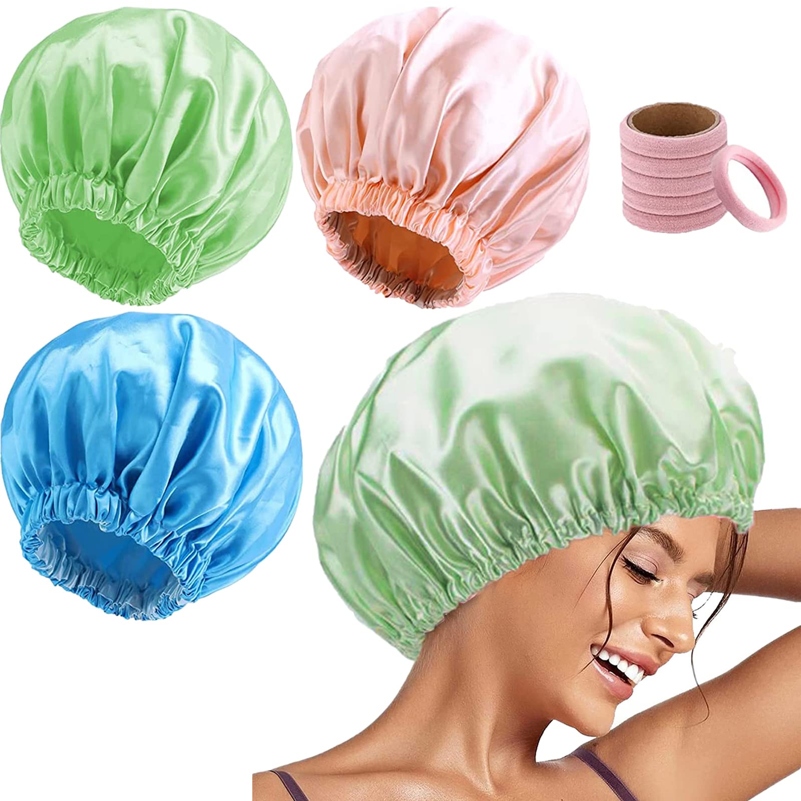 Shoonlo Gorros de Baño 3 Paquetes, Gorra de Baño EVA Impermeable Dobles, Gorro para Dormir Mujer Ajustable, Gorra de Bano Mujer Reutilizable para Bañarse y Dormir Cabello Rizado…