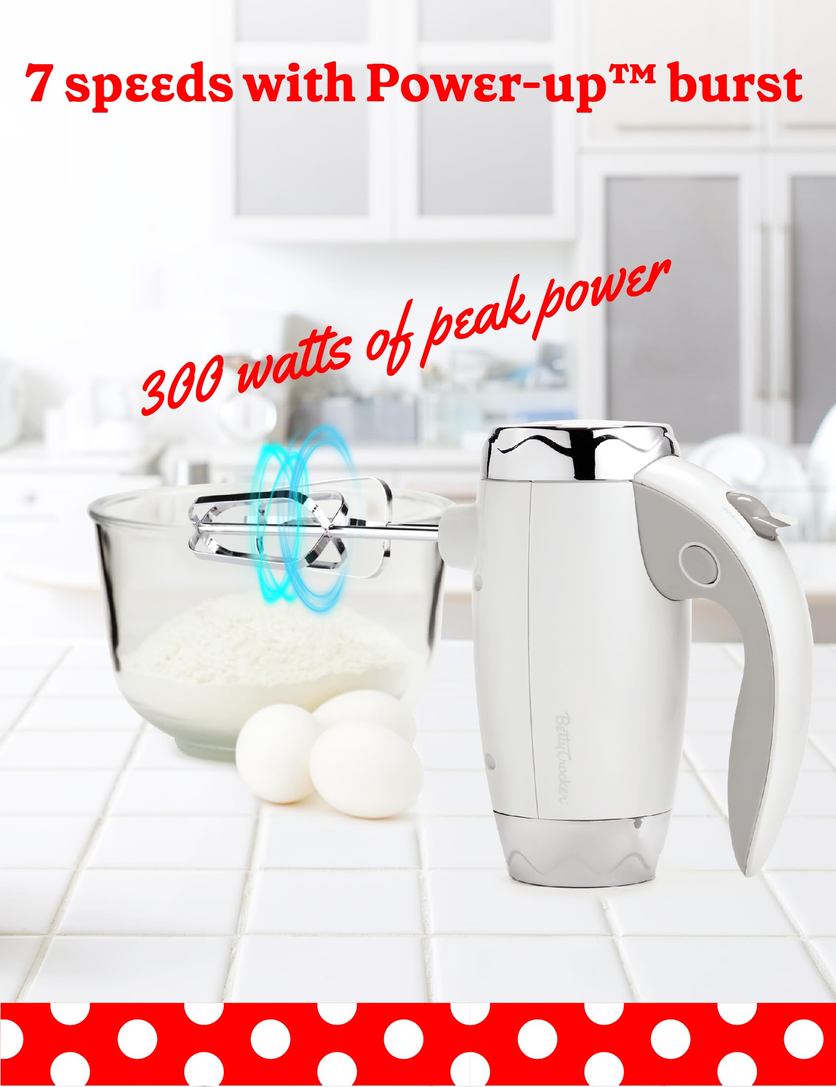 BETTY CROCKER - Batidora de mano eléctrica de 7 velocidades, 250 W con batidores y ganchos para masa, mezclador de mano eléctrico ergonómico para el hogar y la cocina con soporte y mango suave al