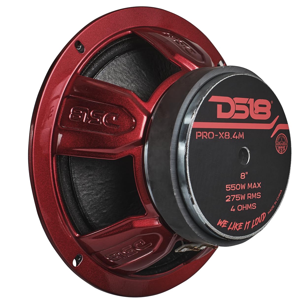 DS18 Pro-X8.4M - Altavoz de 8 Pulgadas, Rango Medio, Cesta de Acero Rojo, 550 W máximo, 275 W RMS, 4 ohmios - Altavoces de Puerta de Audio de Calidad Premium para Sistema de Sonido estéreo de Coche o
