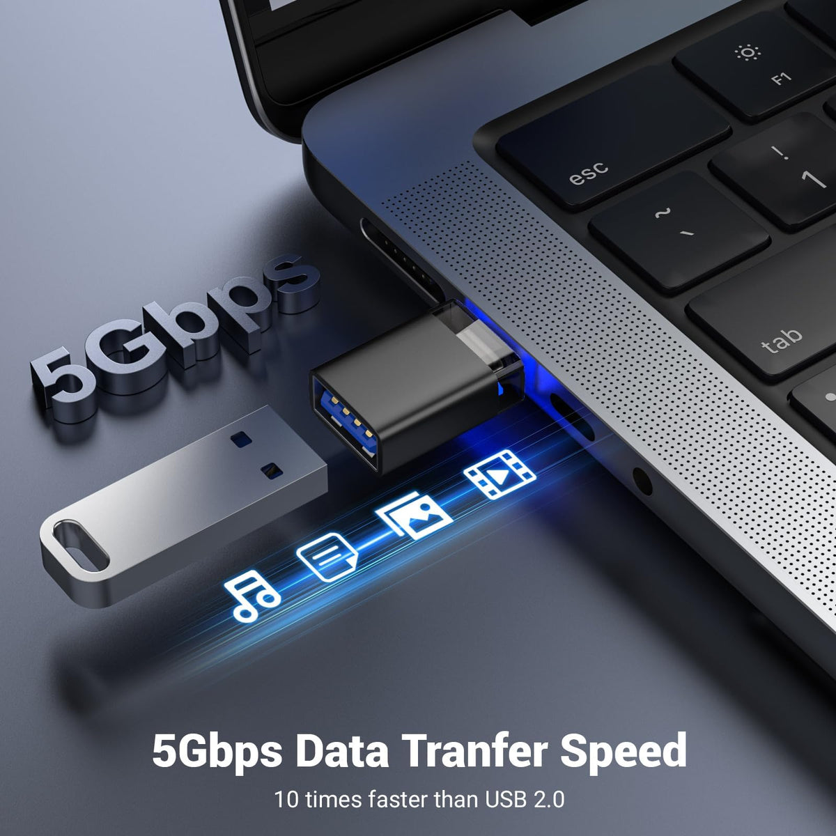 Adaptador USB a USB-C Fidioto Negro con Luz para Diversos Dispositivos Tipo C
