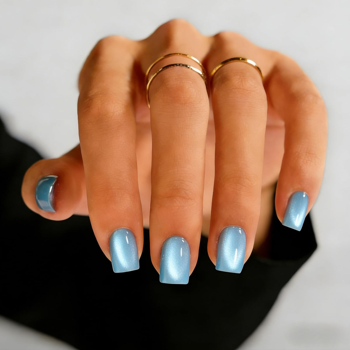 SXVME Uñas postizas Cat Eye cortas, hechas a mano, cuadradas, gruesas, cromadas, en azul bebé, para uso diario, reutilizables, con imán y purpurina, 15 tamaños (30 unidades)