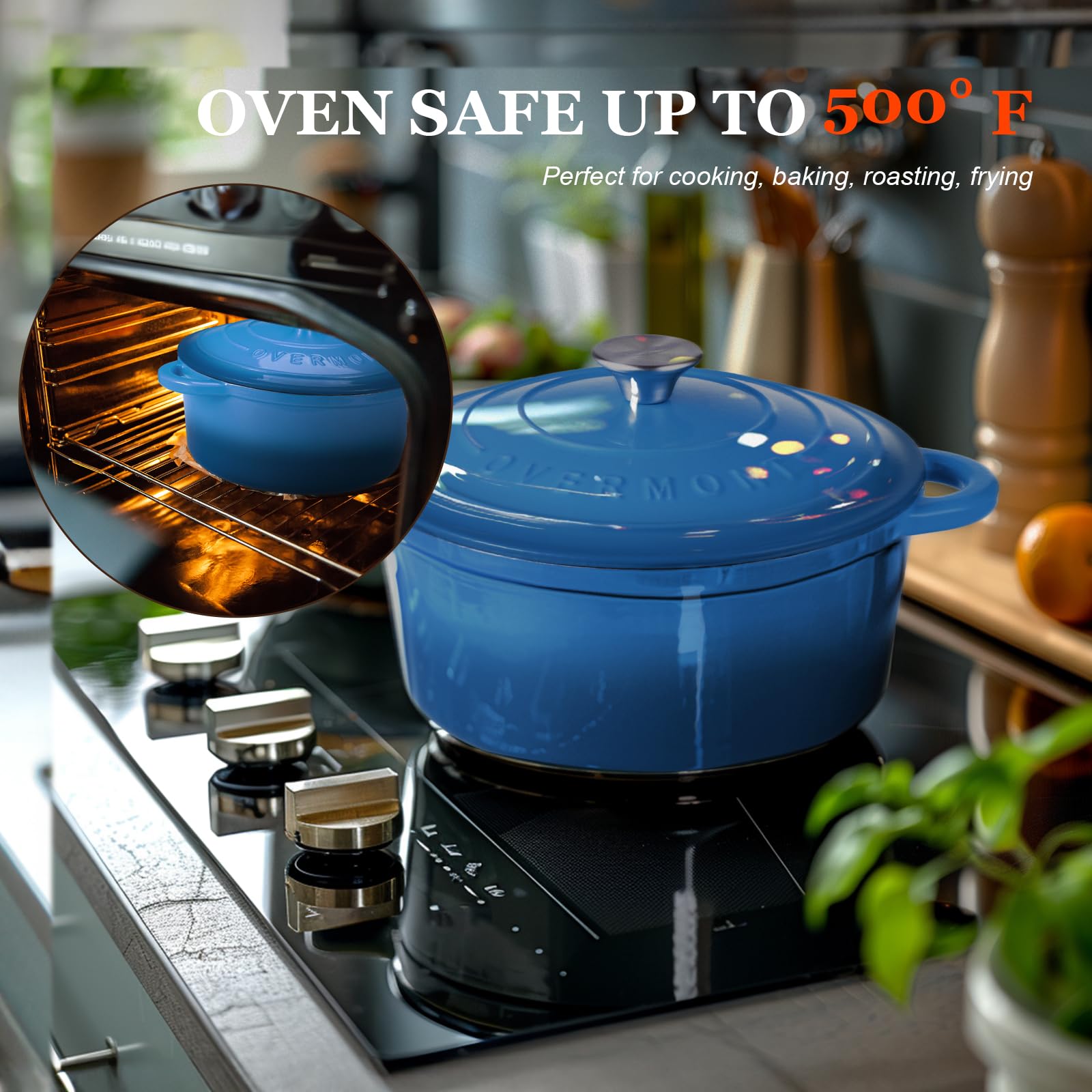 Overmont - Horno holandés de hierro fundido esmaltado, utensilios de cocina de 4,5 cuartos con tapa de algodón resistente al calor, olla esmaltada resistente con tapa para estofados, asar pan y