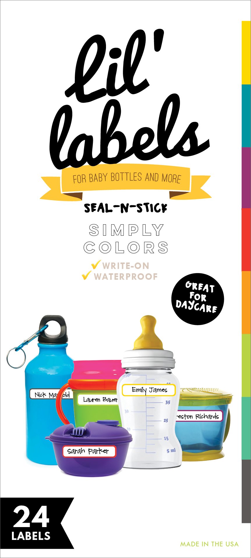 Baby Bottle Labels - Write-On, Self-Laminating, Dishwasher-safe, Simply Colors