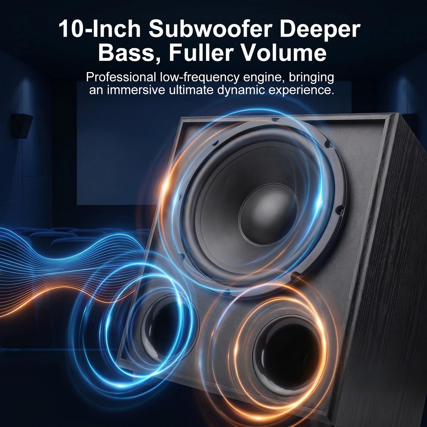Herdio Subwoofer de 10 pulgadas, subwoofer activo de cine en casa de 800 W con 200 W RMS, graves profundos de 40 Hz, amplificador de clase AB, cruzado ajustable y entradas duales, carcasa MDF para