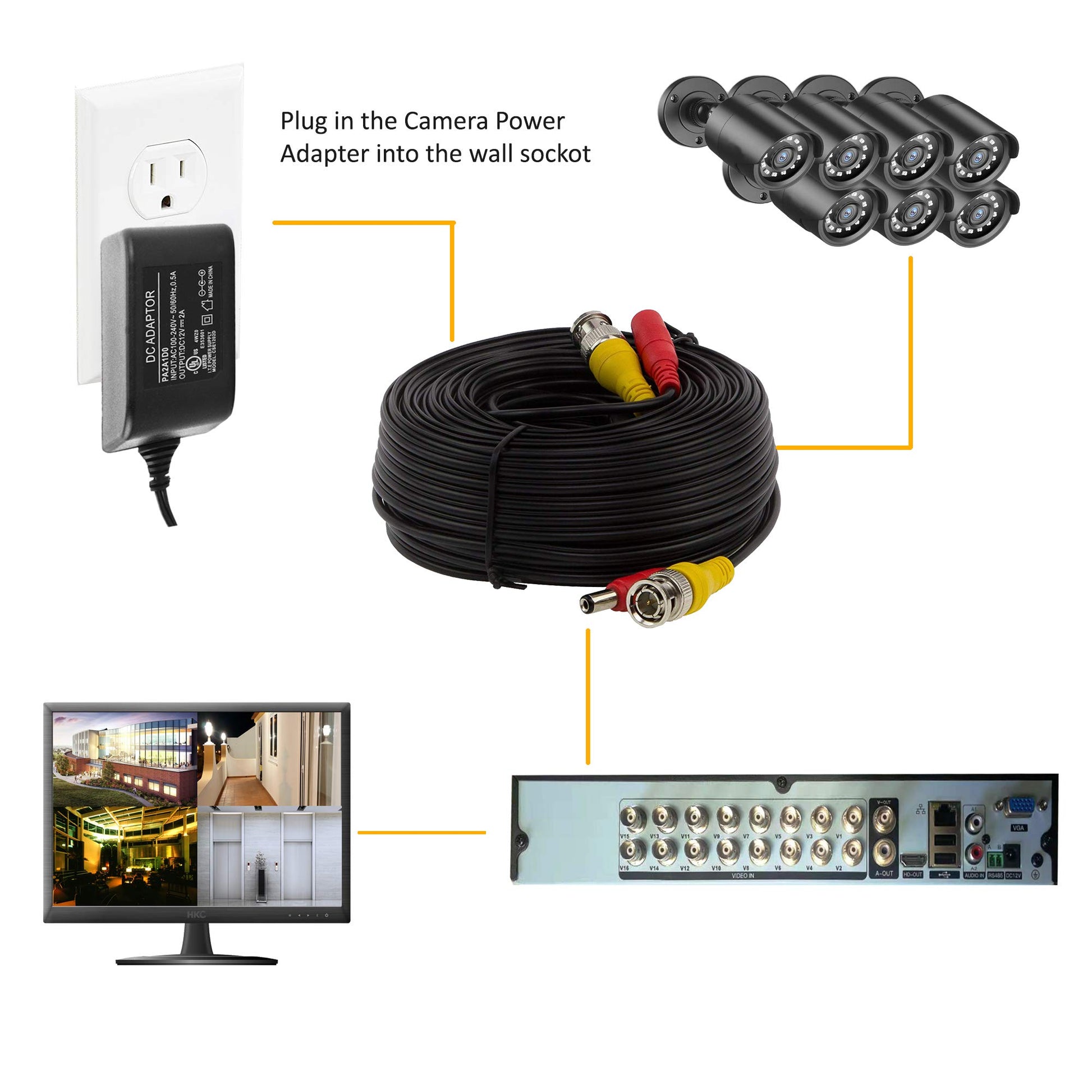 InstallerCCTV BNC Cable de alimentación de video de 60 pies todo en uno HD-TVI HD-CVI AHD analógico 1080p Negro Cable de alimentación prefabricado con conectores para cámaras de seguridad CCTV, color