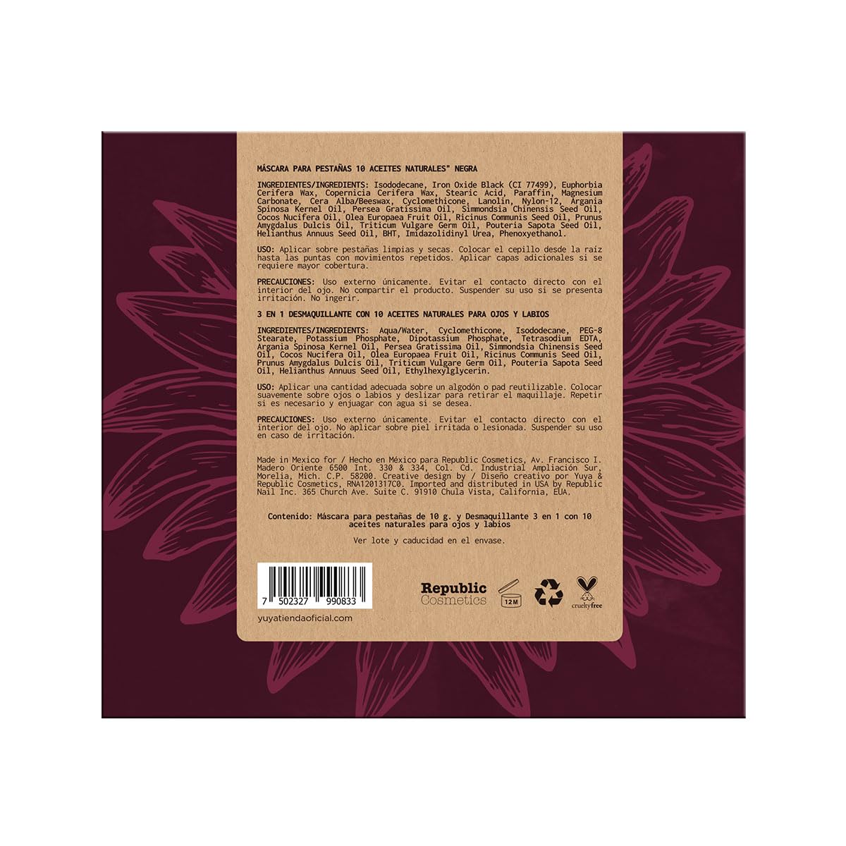 YUYA Frecuencia Set Pestañas Largas y Definidas - Máscara a Prueba de Agua 10 Aceites Naturales (10g) + Desmaquillante Bifásico 3 en 1 (250 ml) - Hidratación, Nutrición, Remueve Maquillaje - Ideal para Ojos Sensibles