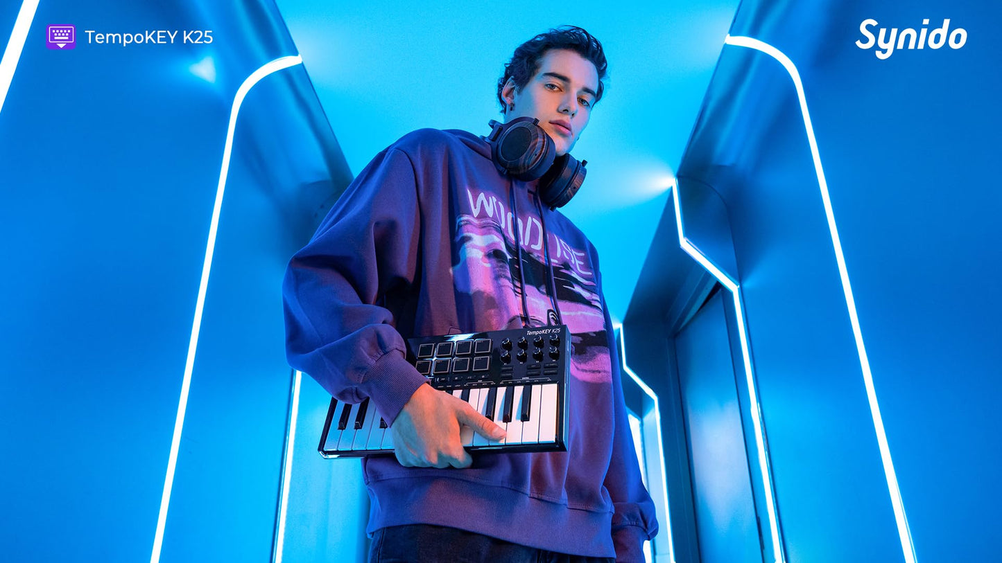 Teclado MIDI USB Synido Negro con Visualización OLED y Almohadillas de Tambor para Producción de Música