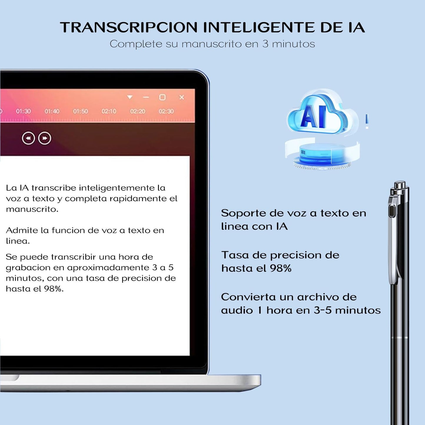 Grabadora de Voz 16GB Profesional con Transcripción a Texto,Reducción de Ruido AI,Diseño en Lápiz Metálico Ultra Delgado con 3 Recambios,para Clases,Reuniones y Conferencias(MP3/WAV,Memoria Ampliable)