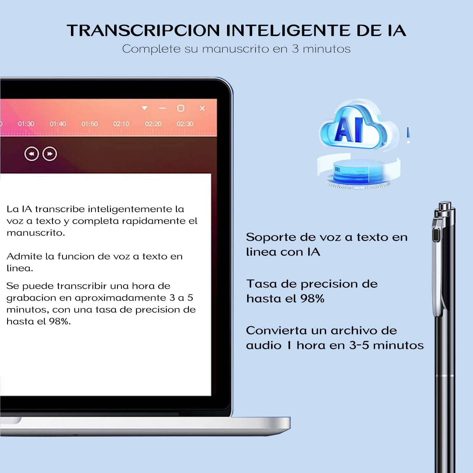 Grabadora de Voz 16GB Profesional con Transcripción a Texto,Reducción de Ruido AI,Diseño en Lápiz Metálico Ultra Delgado con 3 Recambios,para Clases,Reuniones y Conferencias(MP3/WAV,Memoria Ampliable)