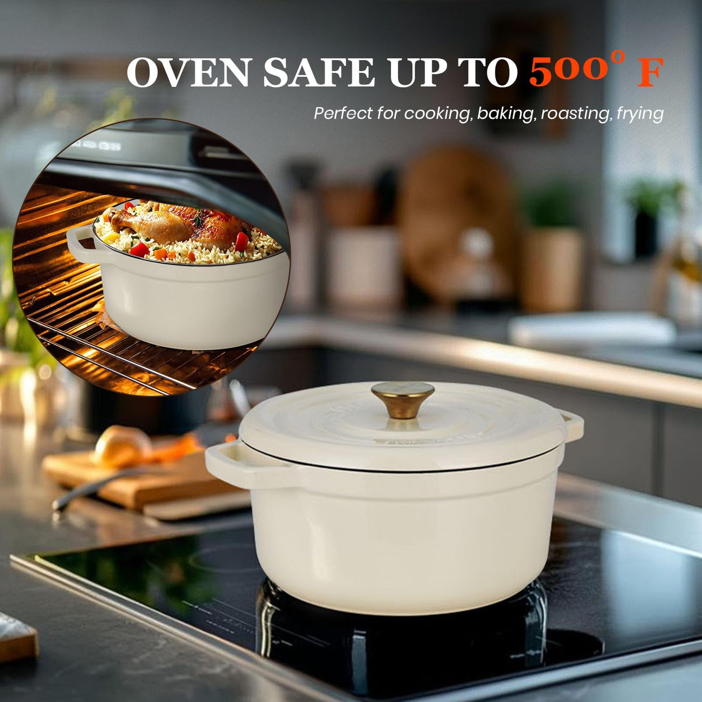 Overmont Cacerola de hierro fundido esmaltado, 26 cm, apta para horno, con tapa y libro de cocina, para asar, cocina, hornear, guisar, color blanco