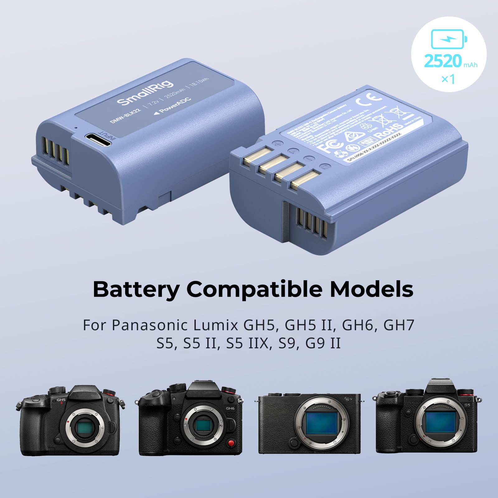 Batería de Repuesto SMALLRIG 2520 mAh USB-C para Panasonic DMW-BLK22