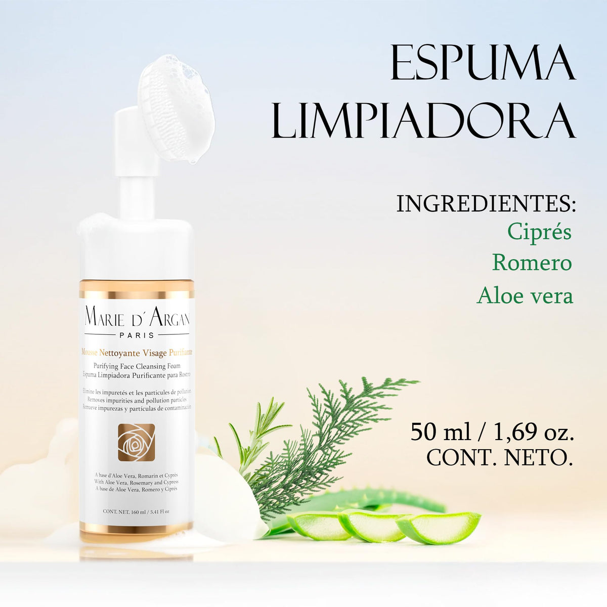 MARIE D' ARGAN Espuma Limpiadora Facial Purificante 150ml, Remueve Impurezas, Controla Grasa Y Poros, Con Aloe Vera, Romero Y Ciprés, Libre De Parabenos, Unisex Para Piel Sensible Mixta O Grasa