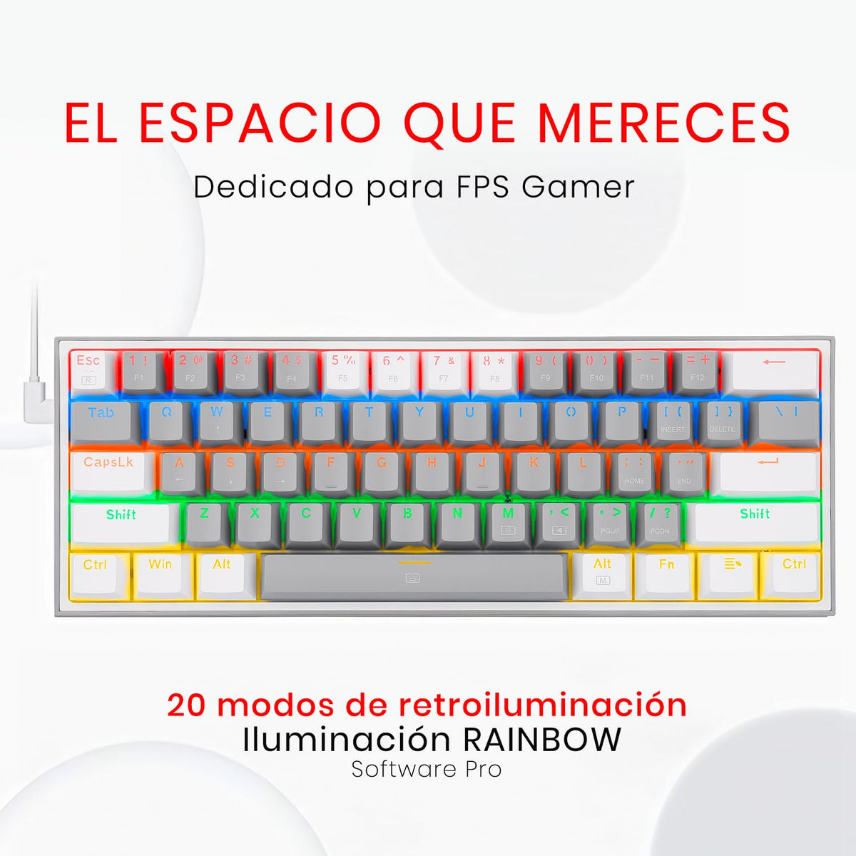 Teclado Mecánico Redragon Gamer Rainbow Gris Blanco con Switches Blue para Pc