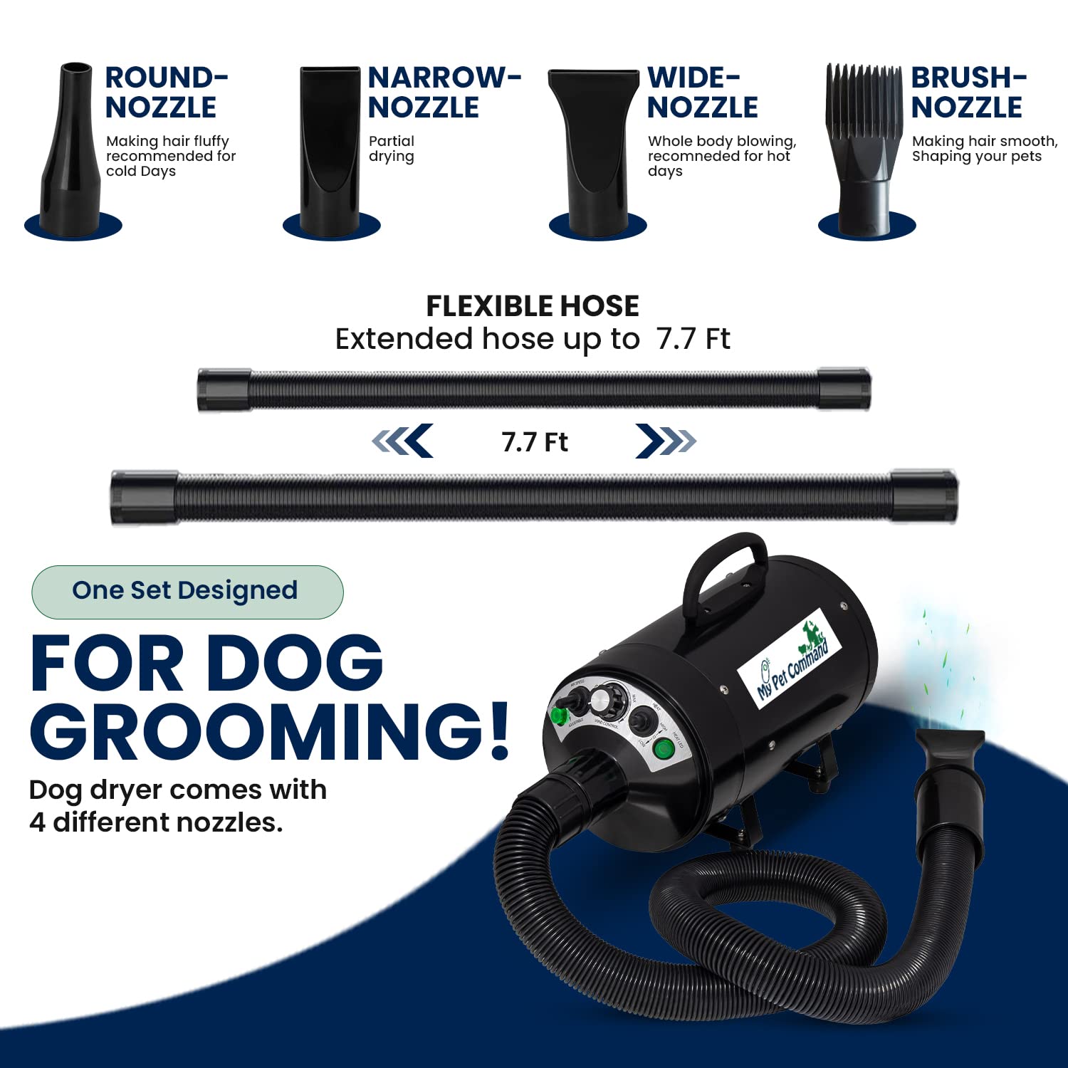 Secador de Pelo para Perros My Pet Command Alta Velocidad Ajustable con Cepillo de Aseo, 110 V 500 W-2800 W 4.5 CV, caliente y frío