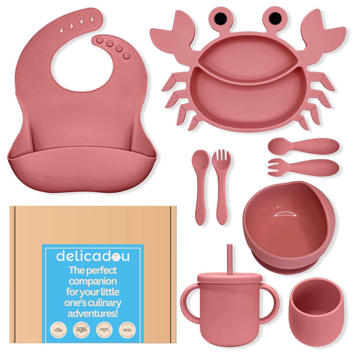 Suministros de destete LED para bebé, juego de alimentación de silicona para bebé, juego de placas de succión de silicona ultra completo Juego de 9 platos para bebés pequeños – Utensilios para comer