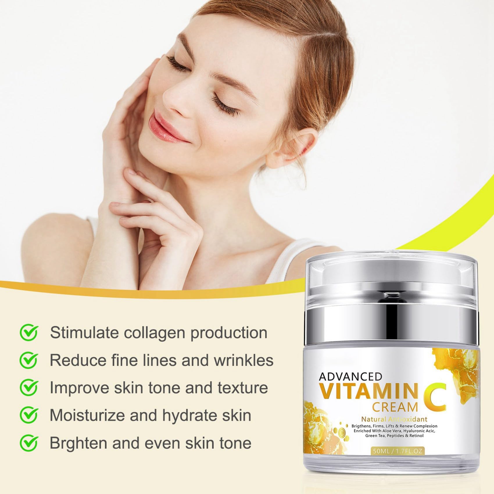 LAIKME Vitamin C Cream, Vitamin C Face Cream With Nicotinamide & Hyaluronic Acid, Vitamin C Moisturizer For Face, Anti Aging Vitamin C Face Cream For Reduces Wrinkle, Fine Lines & Tightening Skin