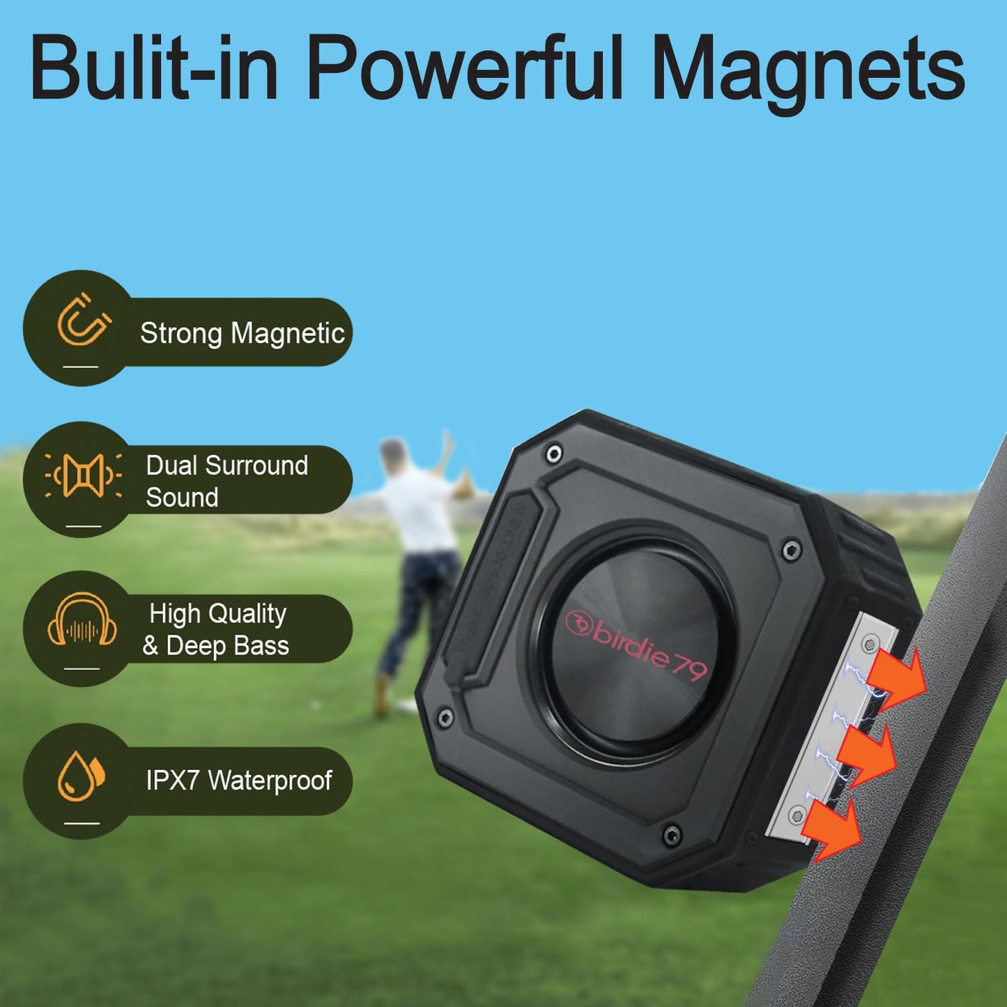 Liphontcta Birdie79 - 2023 New 2-Pack Golf Speaker: Magnetic, Loud Stereo Sound, Bass Boost, Bluetooth, IPX7 Waterproof, Rugged & Shockproof - 30W