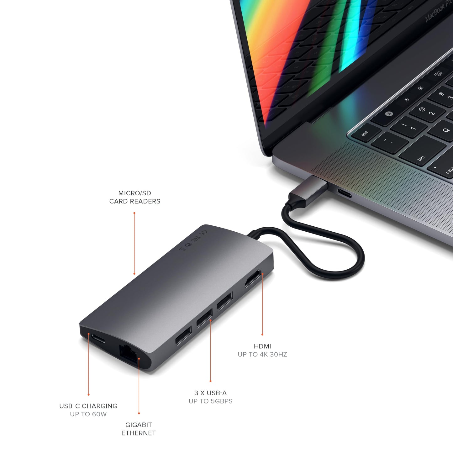 SATECHI Adaptador 8 en 1 USB C V2, HDMI 4K, Carga USB C PD de 115 W, 3 Puertos USB-A, Ethernet, Lector de Tarjetas Micro/SD, para portátil, MacBook Air/Pro M4, iPad, Windows - Gris Espacial