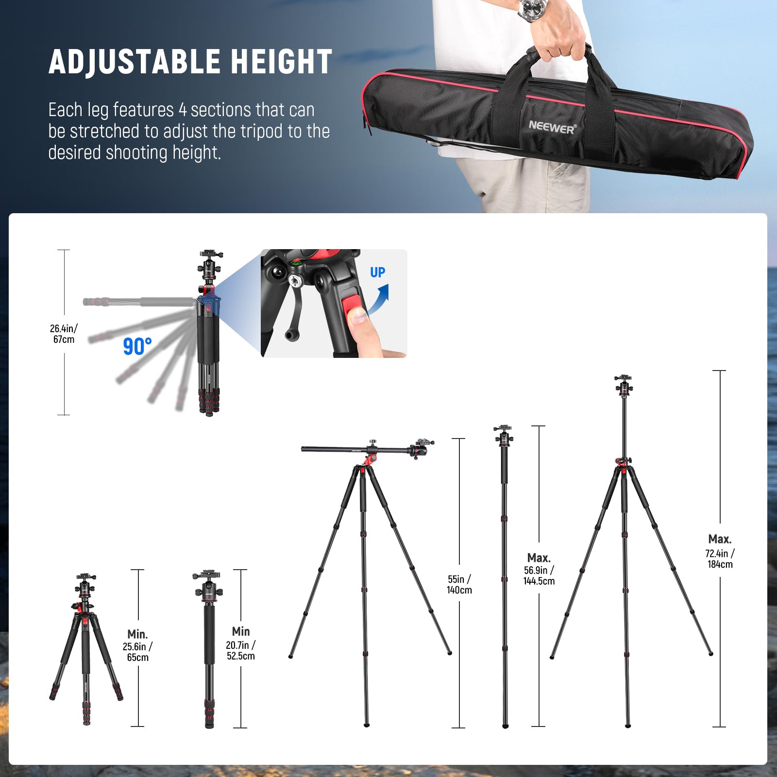 Monopié NEEWER Aluminio 184cm con Rótula y Placa QR Tipo Arca para Cámara Réflex Digital y Videocámara