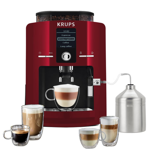 KRUPS Espresseria automática roja, es como un barista en casa gracias a su sistema Quattro Force, 1450 W, con molino integrado de 3 niveles. Capacidad 1.8 L, EA825511