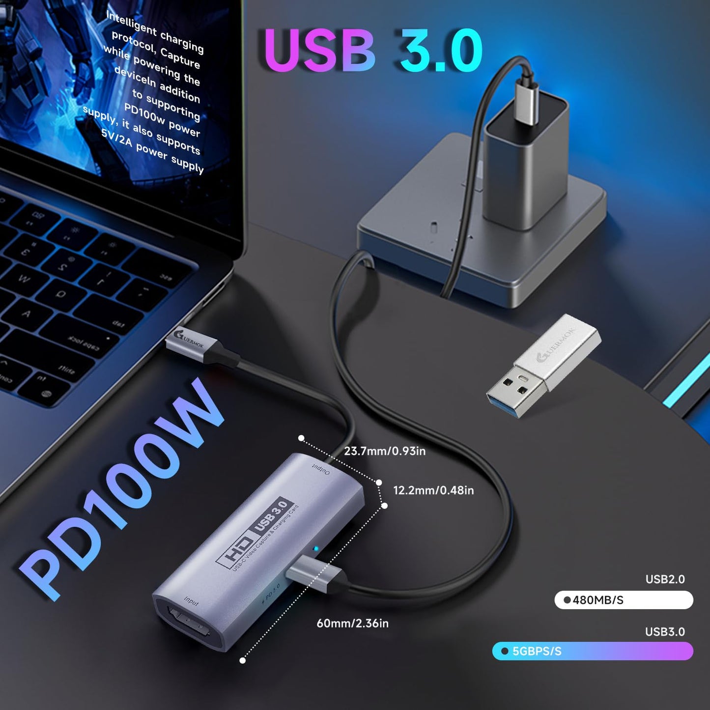 Guermok Tarjeta de Captura de Video USB 3.0 con Carga rápida PD 100W, 1080P@60FPS HDMI a USB-A/C, con Adaptador Tipo C, para Streaming en Oculus/Quest 3 / iPad/MacOS/Switch / PS4 y PS5, Plateado