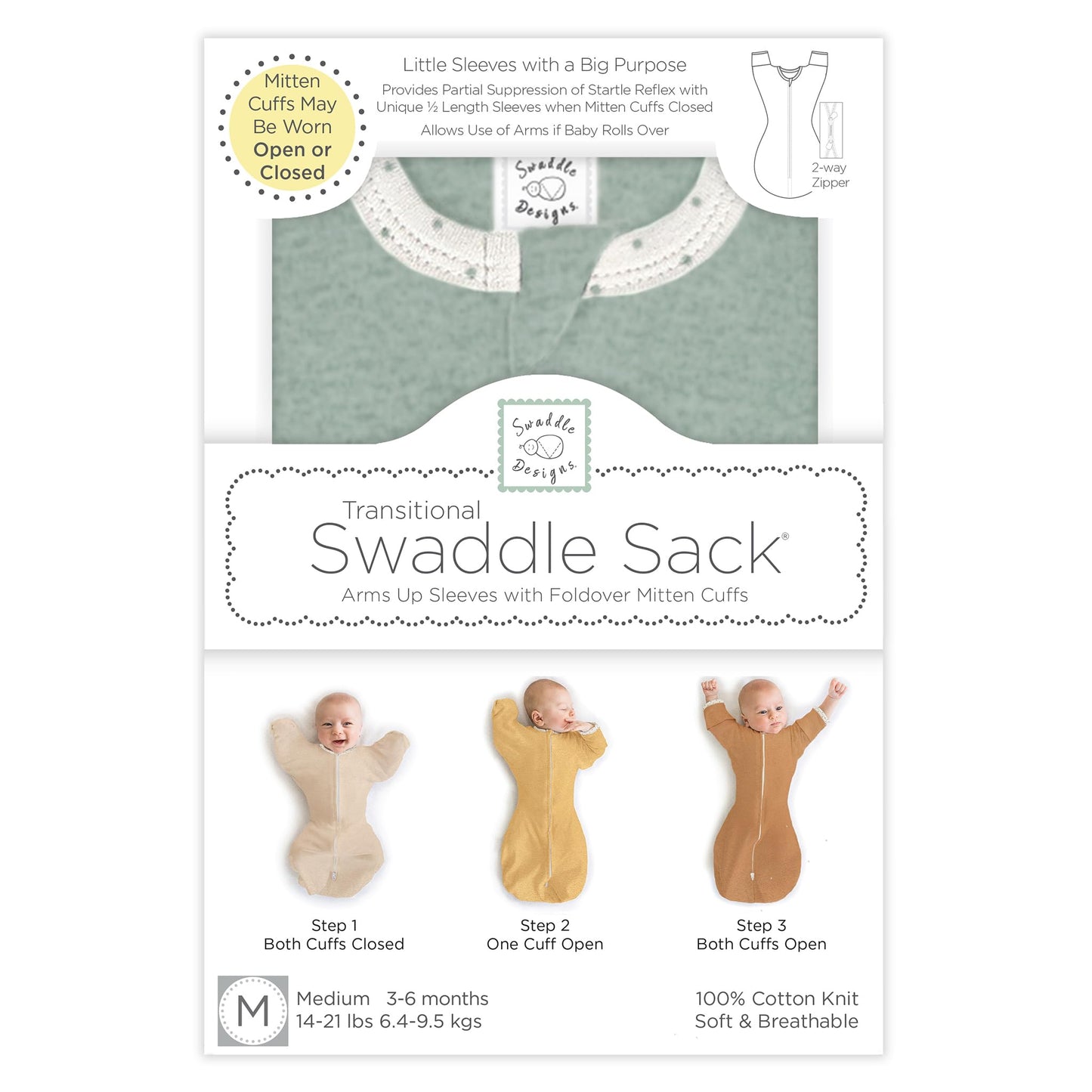 SwaddleDesigns - Saco de Envolver de transición con Brazos hasta Mangas de Media Longitud y puños de manopla, pequeño, 0-3 Meses, 6-14 Libras, jadeíta Jaspeada (Manta de Brazos Arriba, Saco de Dormir