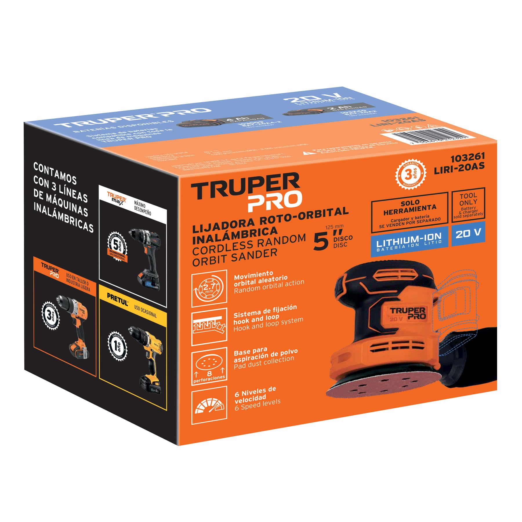 Lijadora Roto-Orbital Truper PRO Inalámbrica 20 V 5 Pulgadas sin Accesorios