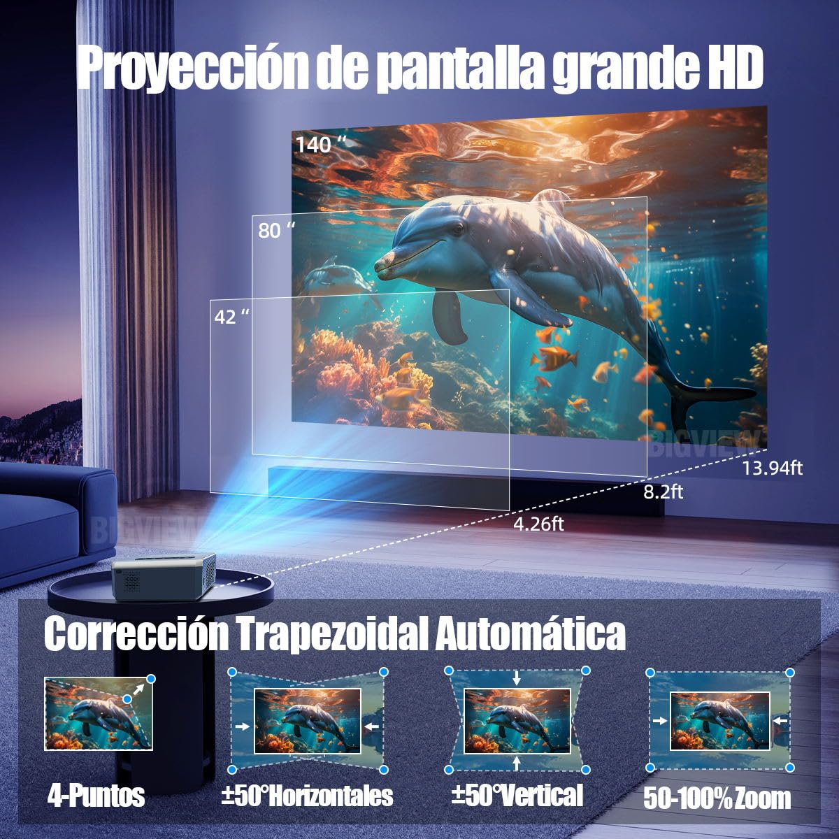 BIGVIEW Proyector 4K Con Enfoque Automático, Bluetooth WiFi 5G, Soporte 8K, 12000 Lúmenes, Portátil Inteligente Con Android 9 Para iOS/Android/PS5/TV Stick