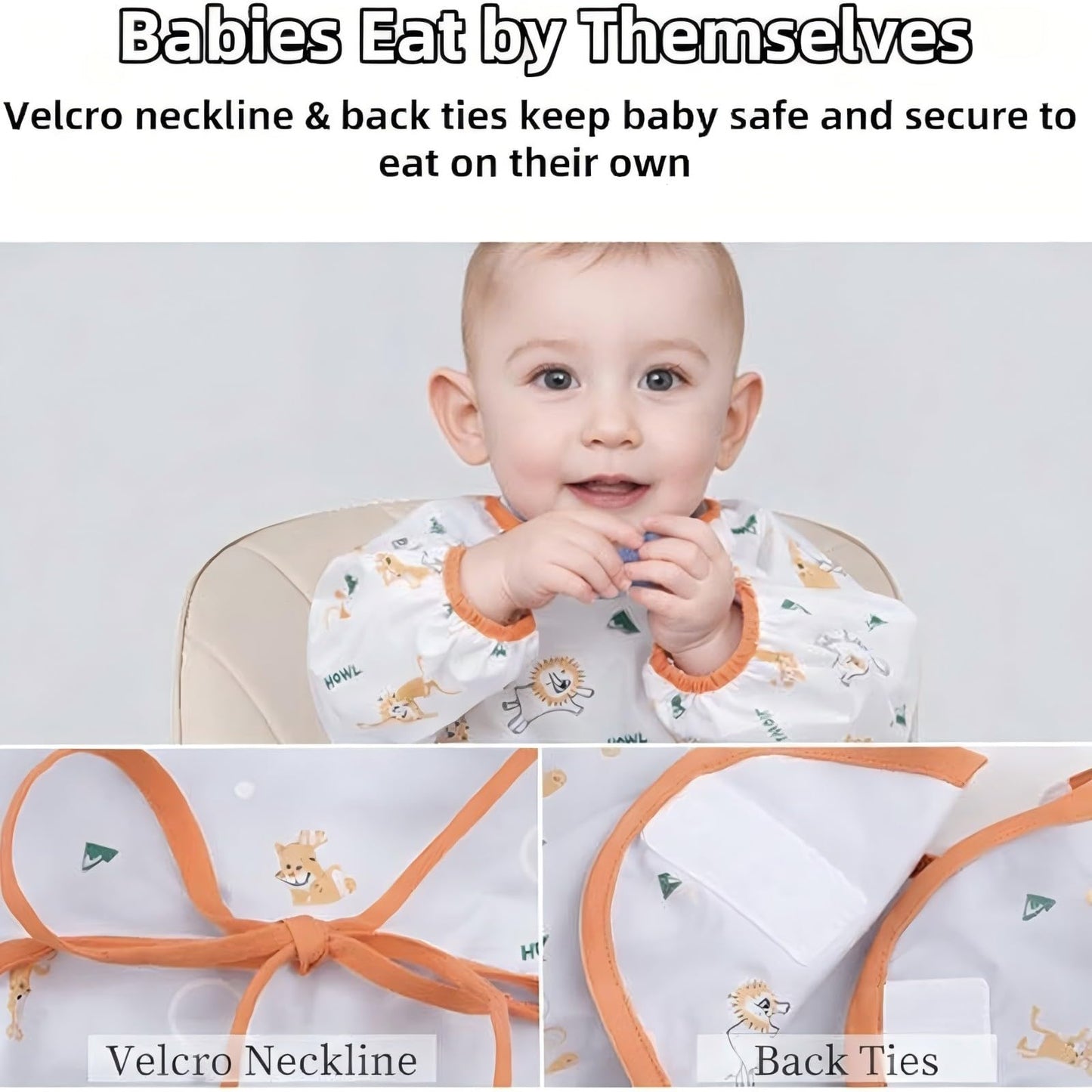 MOTEERLLU - Babero de alimentación de bebé para comer, babero de manga larga se fija a silla alta y mesa, baberos de destete