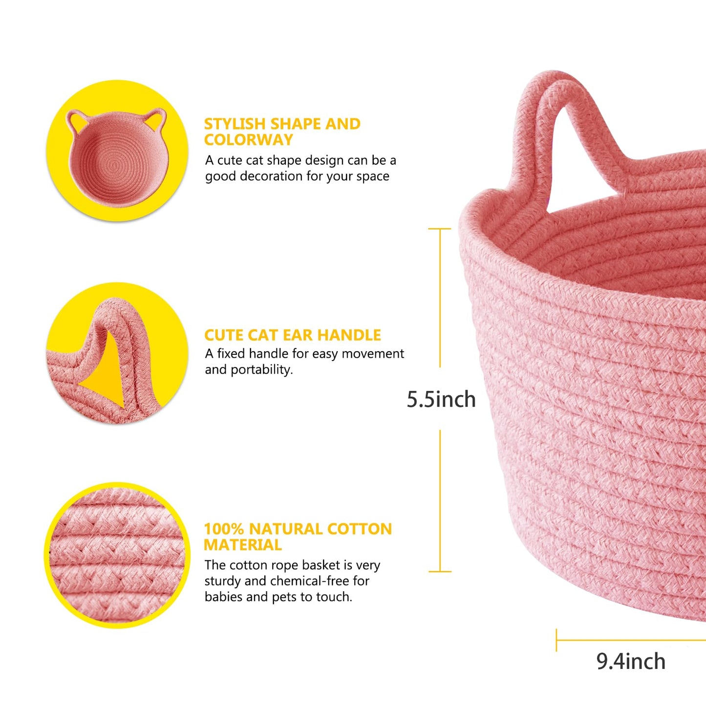 Cafshion - Cesta pequeña para orejas de gato, organizador de cuerda de algodón tela con asas, cubeta decorativo para guardería y caja para bebé, almacenamiento de juguetes para mascotas