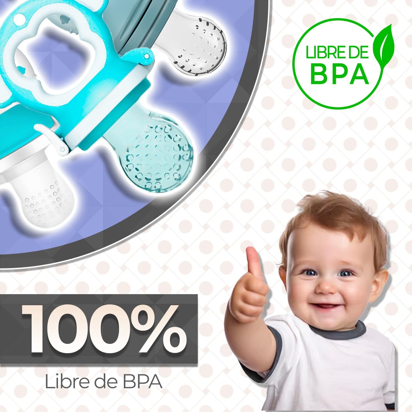 Chupón Para Fruta Y Papilla Sweet Baby Azul Blanco Celeste con Seguro Y Tapa Dibujos Animados, Libre de BPA