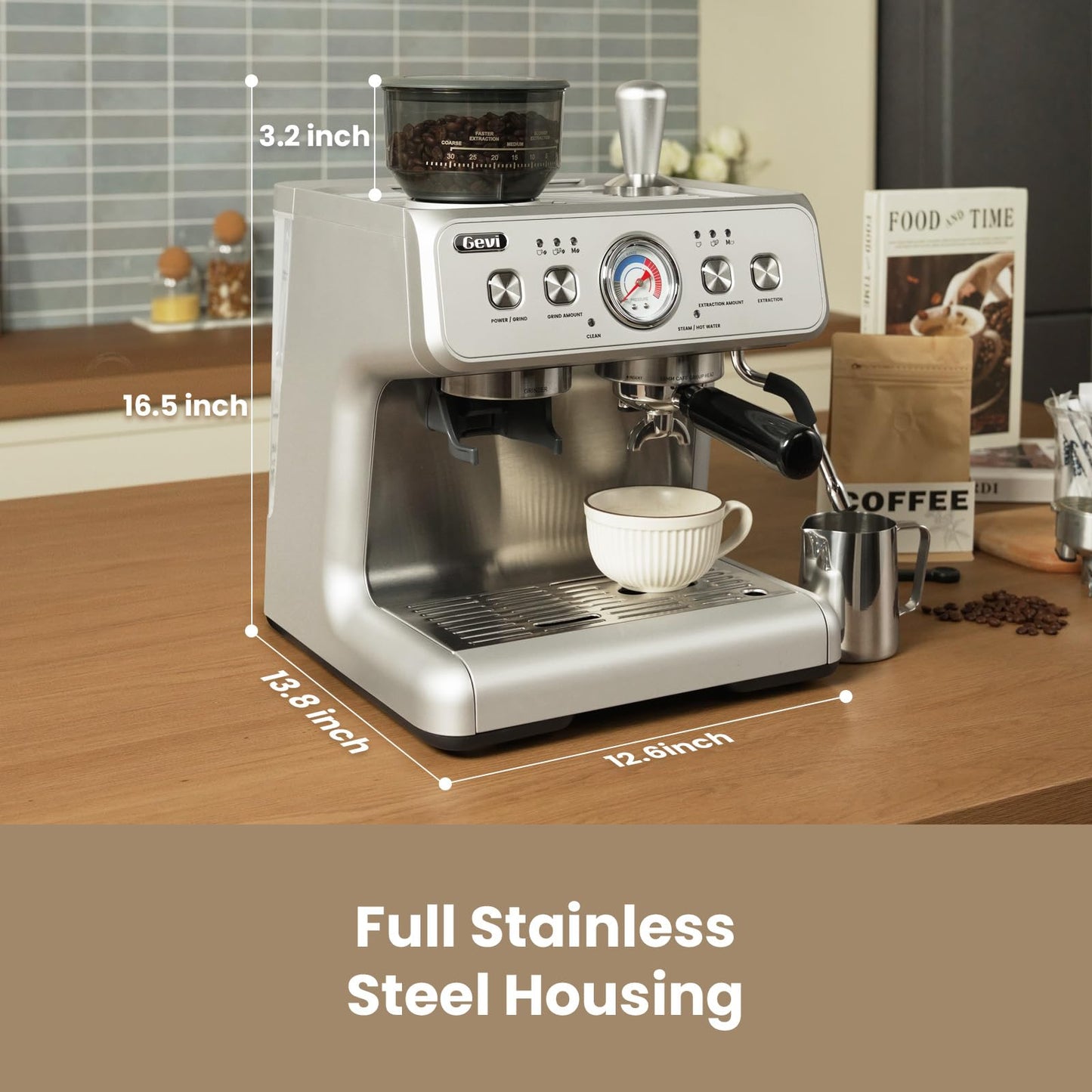 Gevi EzBru 2000 - Máquina espresso de doble caldera mejorada 2024 | Cabezal de grupo de 58 mm | Varita de vapor de nivel Barista | Molinillo integrado con 31 ajustes de tamaño | Carcasa completa de