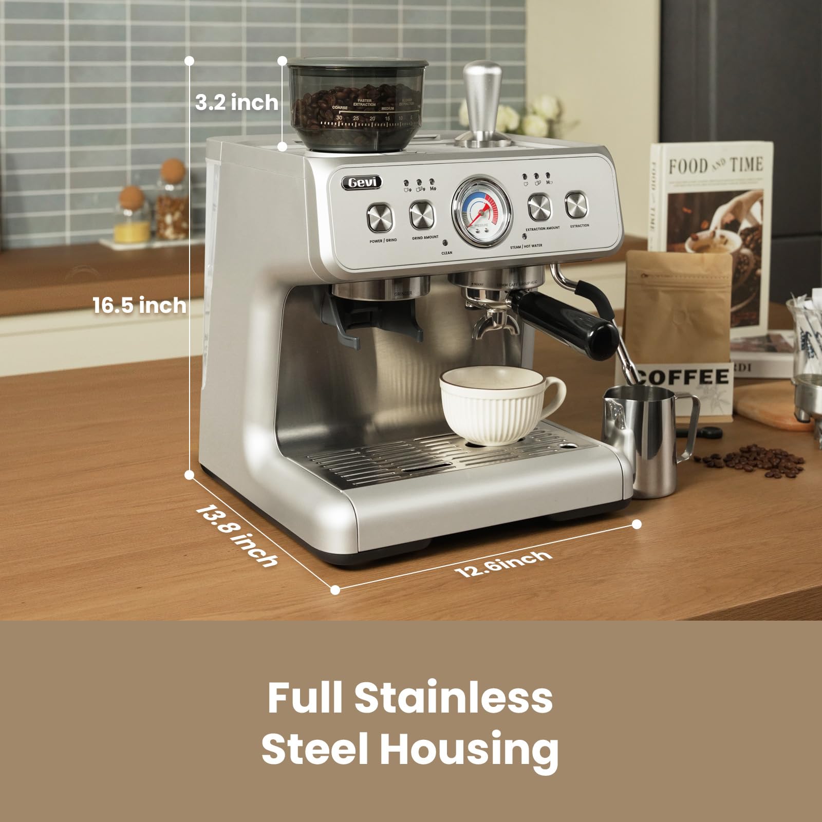 Gevi EzBru 2000 - Máquina espresso de doble caldera mejorada 2024 | Cabezal de grupo de 58 mm | Varita de vapor de nivel Barista | Molinillo integrado con 31 ajustes de tamaño | Carcasa completa de