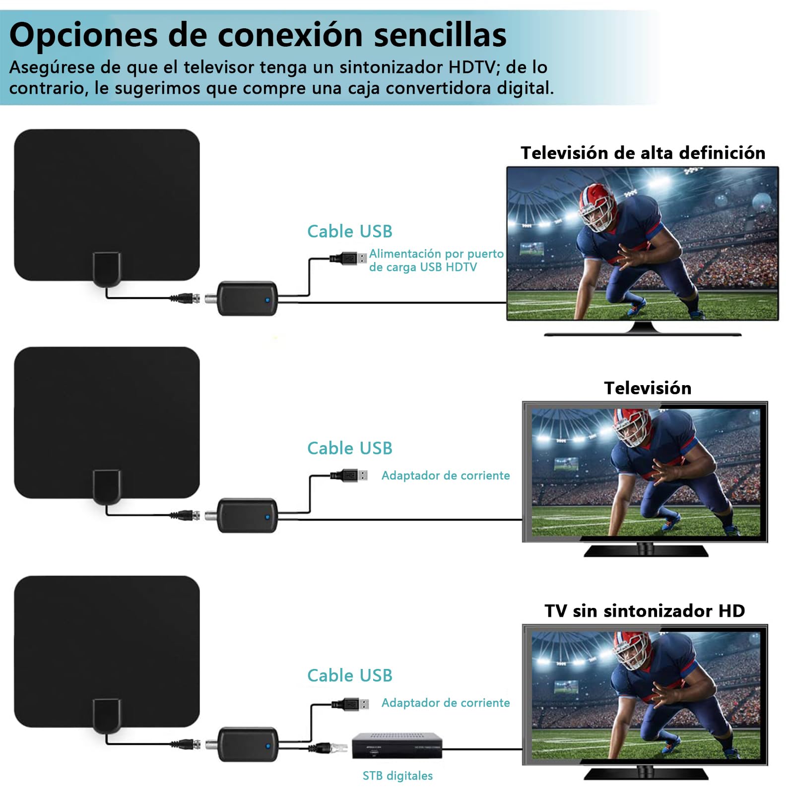 Antena de TV Digital HDTV con Amplificador de Señal Inteligente para Canales 1080P 4K DTMB ATSC DVB-T DMB-T ISDB-T - Interiores