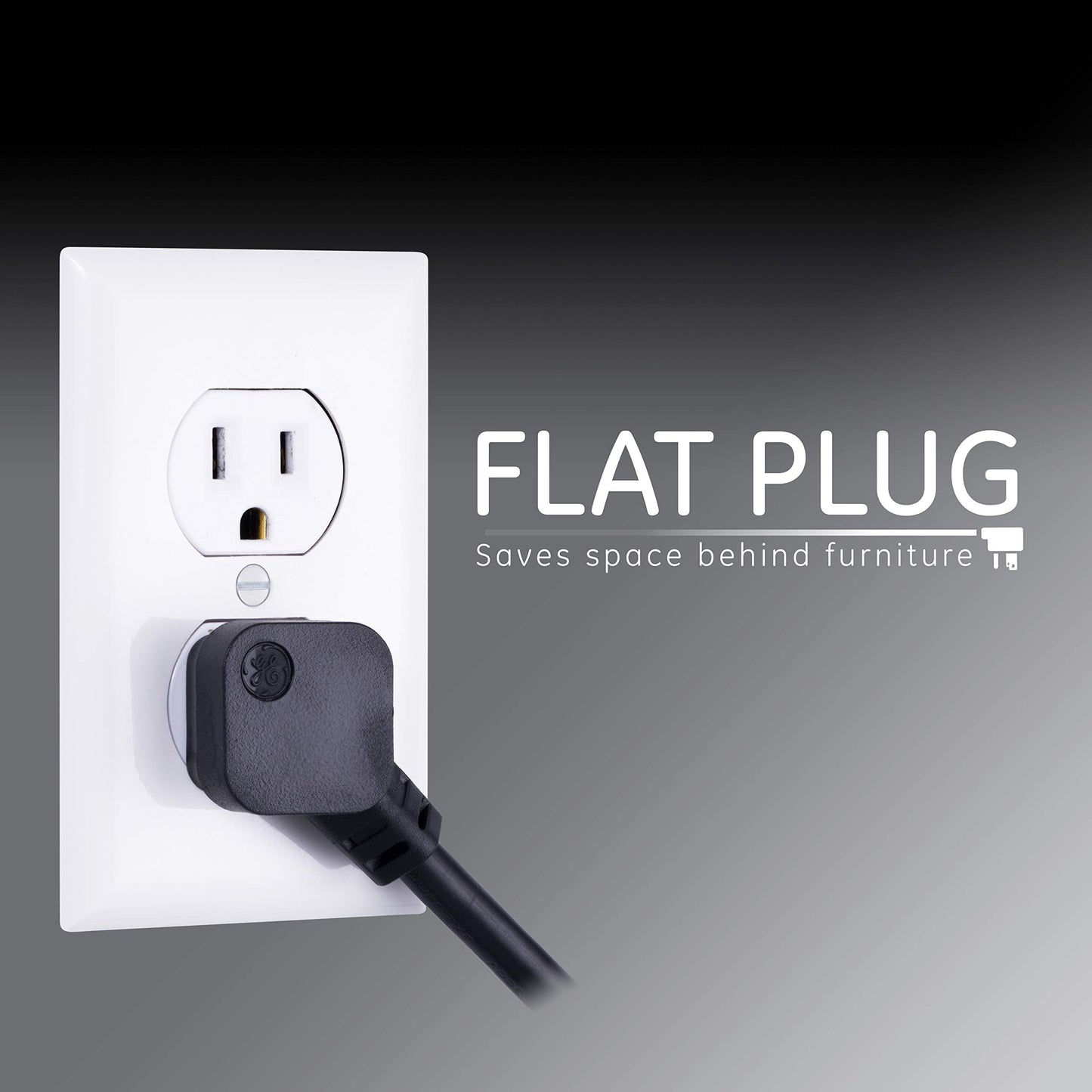 GE Tira Multicontactos De 6 Salidas Con Supresor De Picos Y Enchufe Plano, Cable De Extensión De 2.4 Metros (8 Pies), 1300 Julios, Cubiertas De Seguridad Con Giro Para Cerrar, Negro, 1 Unidad, 33662