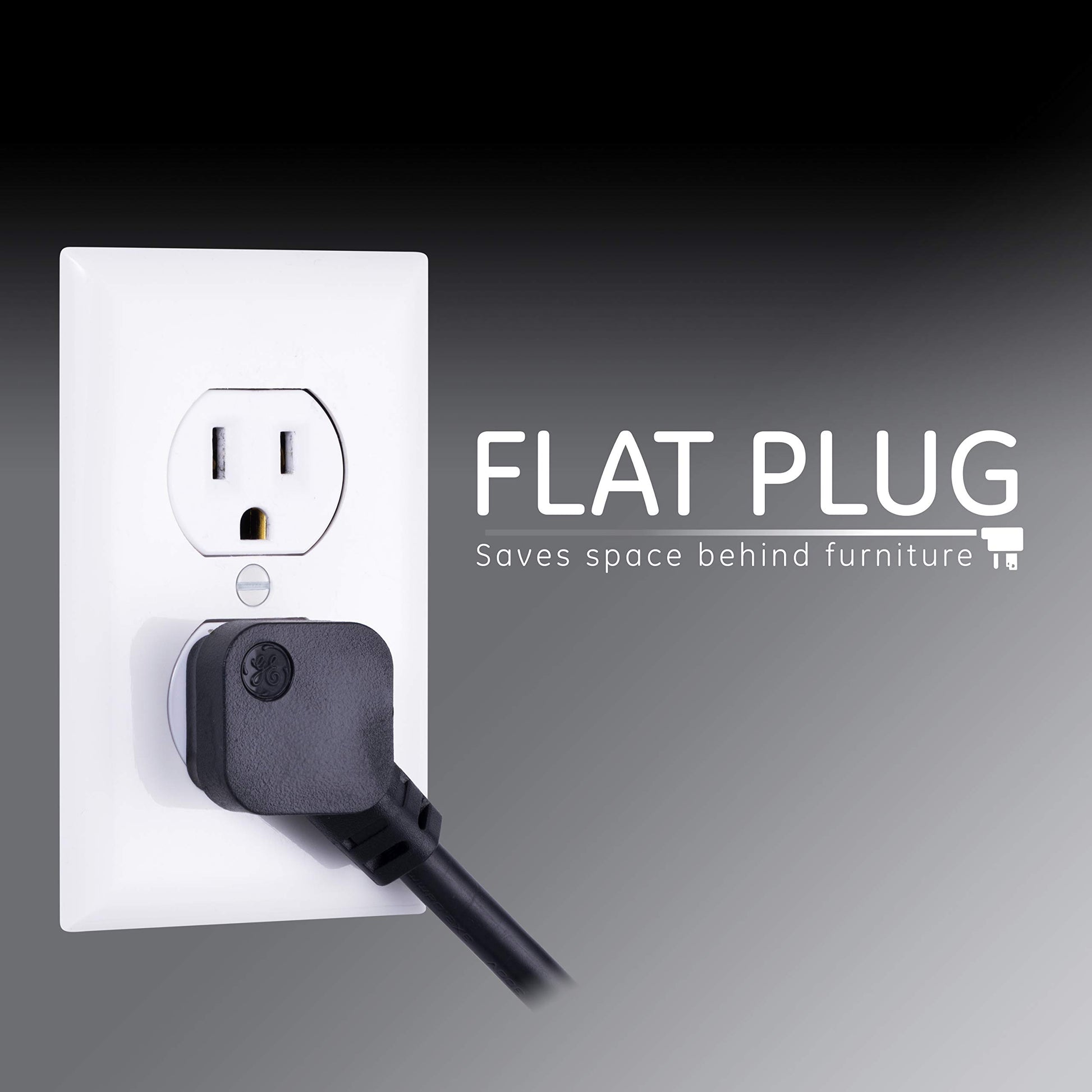 GE Tira Multicontactos De 6 Salidas Con Supresor De Picos Y Enchufe Plano, Cable De Extensión De 2.4 Metros (8 Pies), 1300 Julios, Cubiertas De Seguridad Con Giro Para Cerrar, Negro, 1 Unidad, 33662