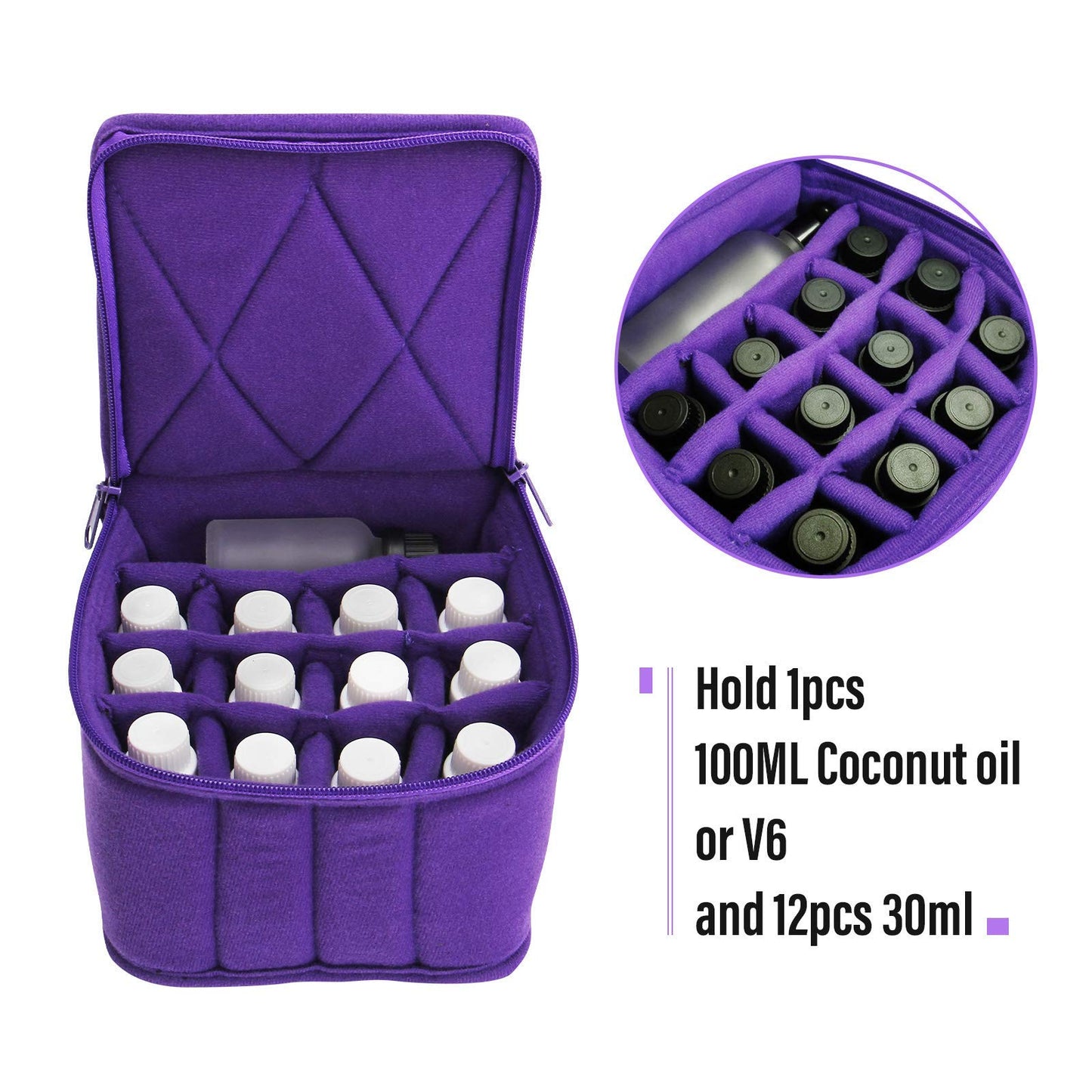 Weljoy - Estuche de transporte de aceite esencial de 13 botellas para botellas de 100 ml, 30 ml, bolsa de viaje con espacio ajustable para botellas enrollables y goteros, lápiz labial, Púrpura, 5.9 x